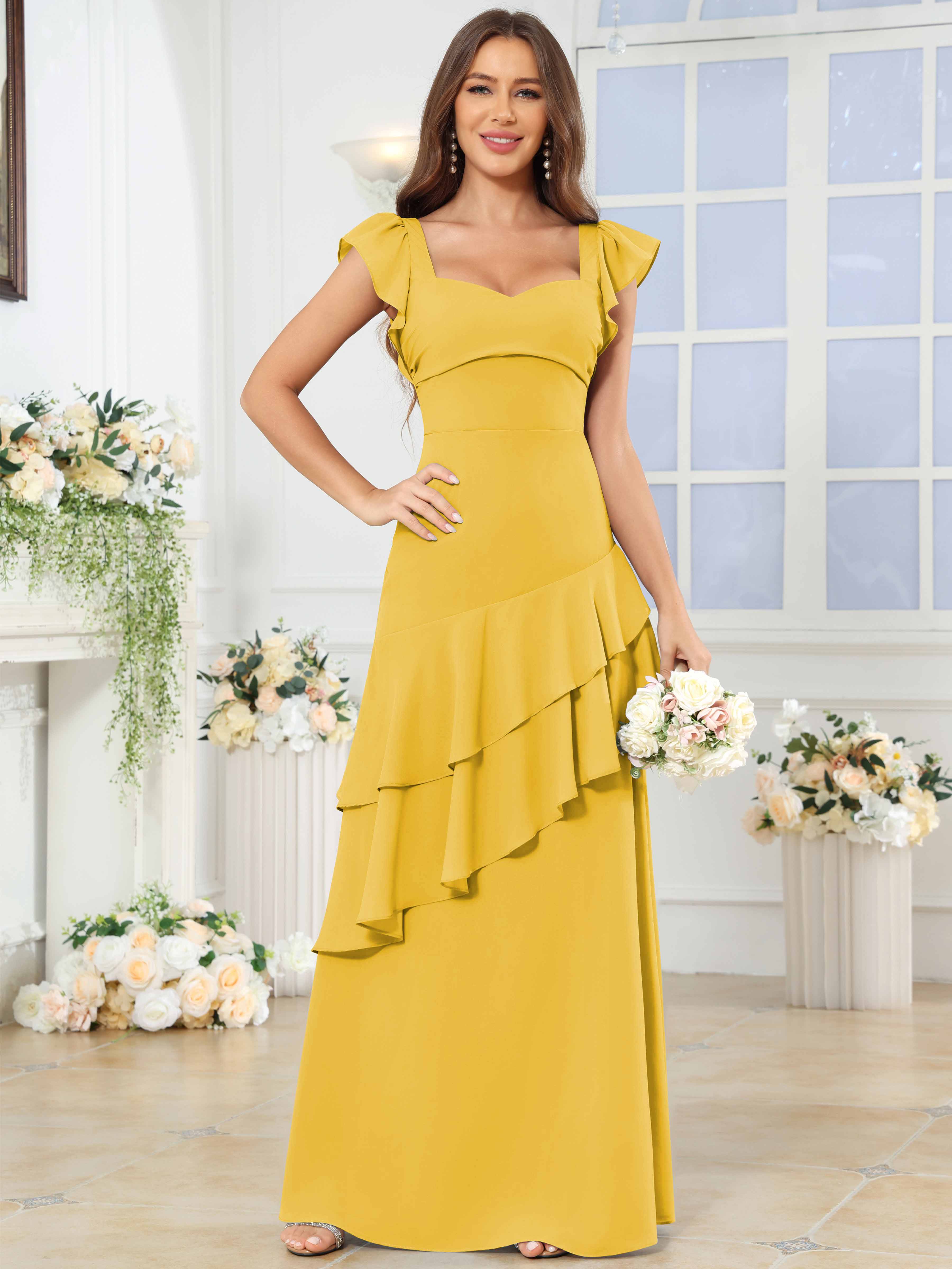 ROVDESY Sweetheart Tiered Ruffle Chiffon Bridesmaid Dress With Short Sleeves