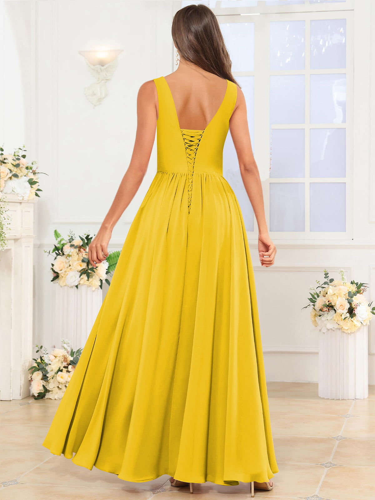 V Neck Chiffon A Line Bridesmaid Dress with Slit