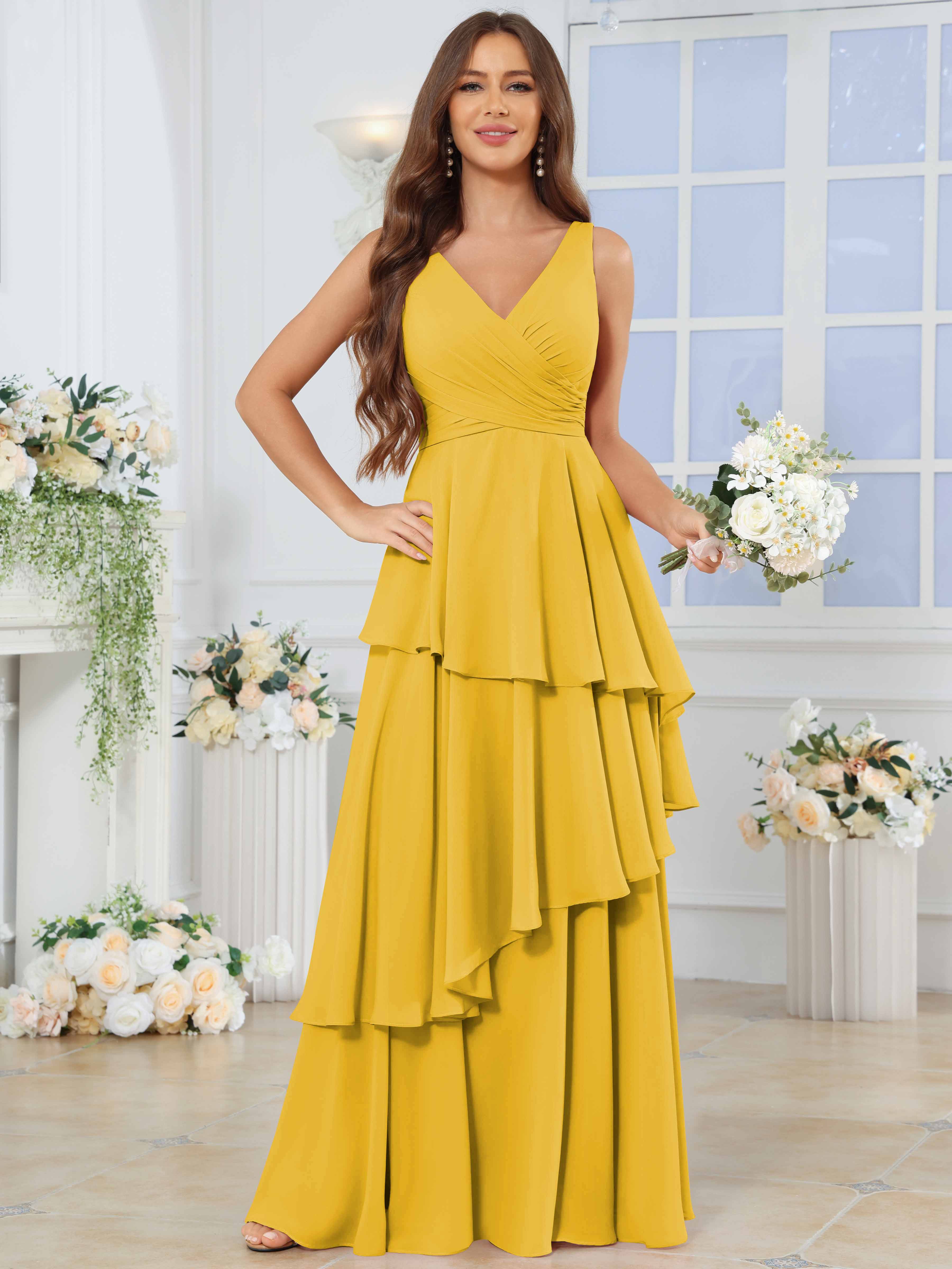 ROVDESY Long Sleeveless V-Neck Tiered Pleated Chiffon Bridesmaid Dress