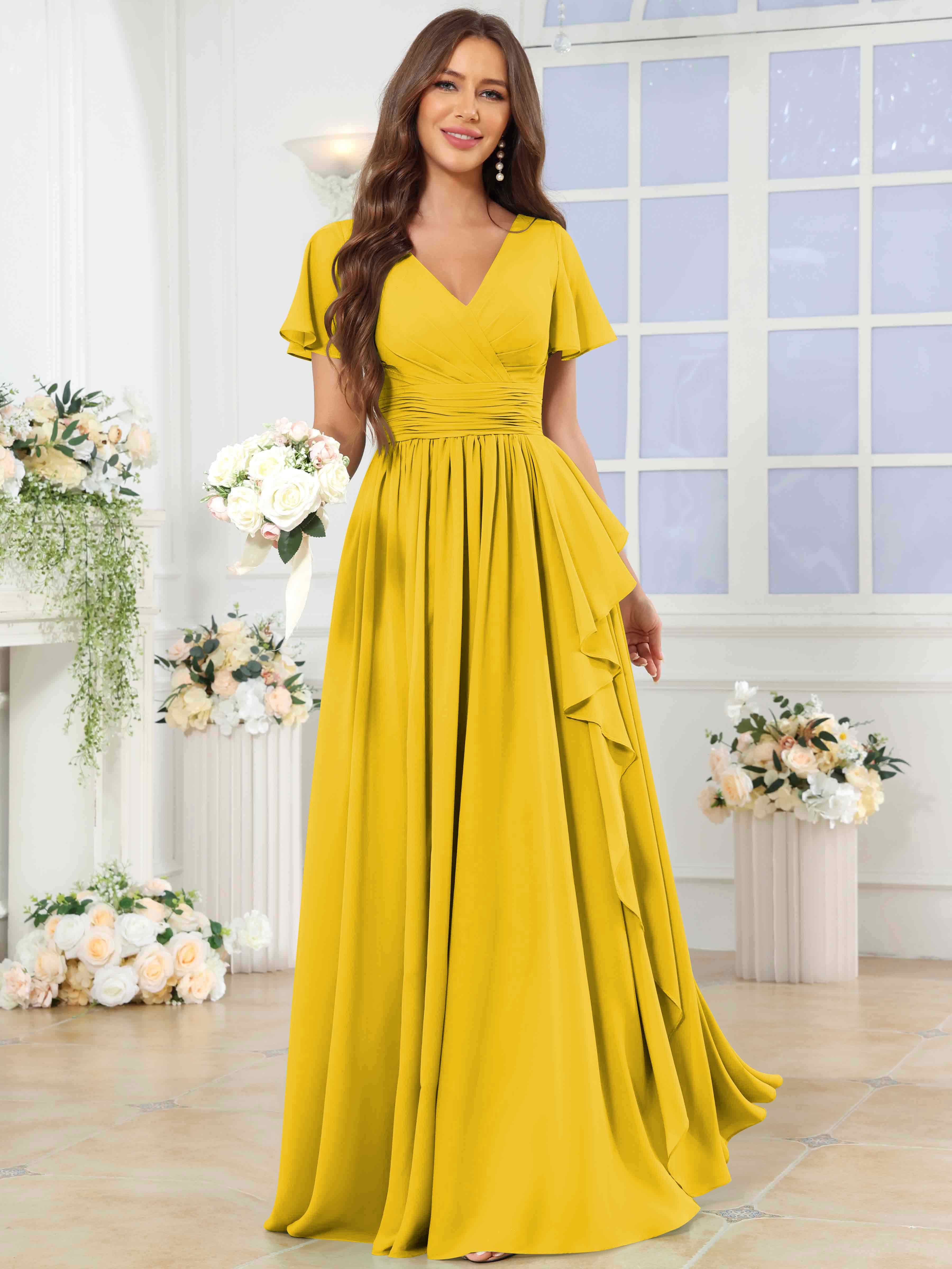 ROVDESY A-Line V-Neck Slit Pleated Ruffle Chiffon Bridesmaid Dress With Short Sleeves