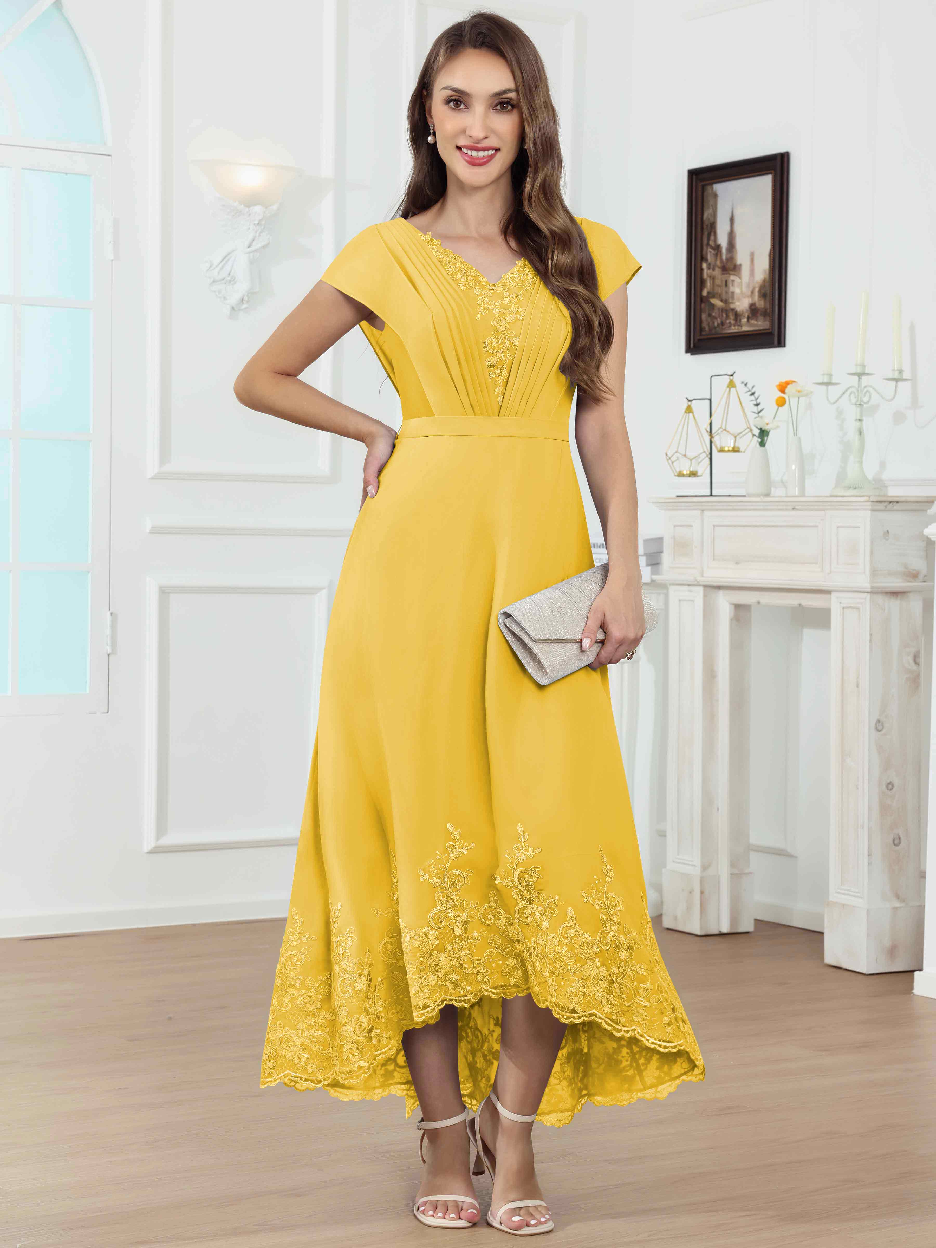 ROVDESY Tea Length High-Low V-Neck Ruched Lace Chiffon Mother of The Bride Dress for Women