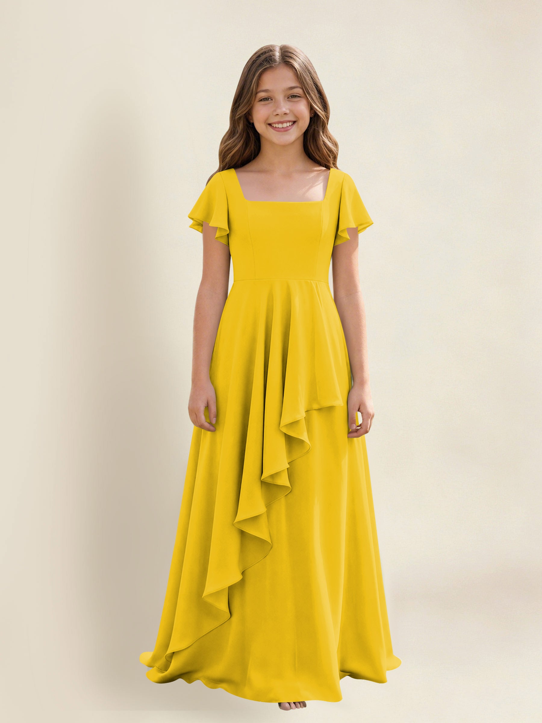 ROVDESY A-Line Square Neck Ruffle Chiffon Junior Bridesmaid Dress With Short Sleeves