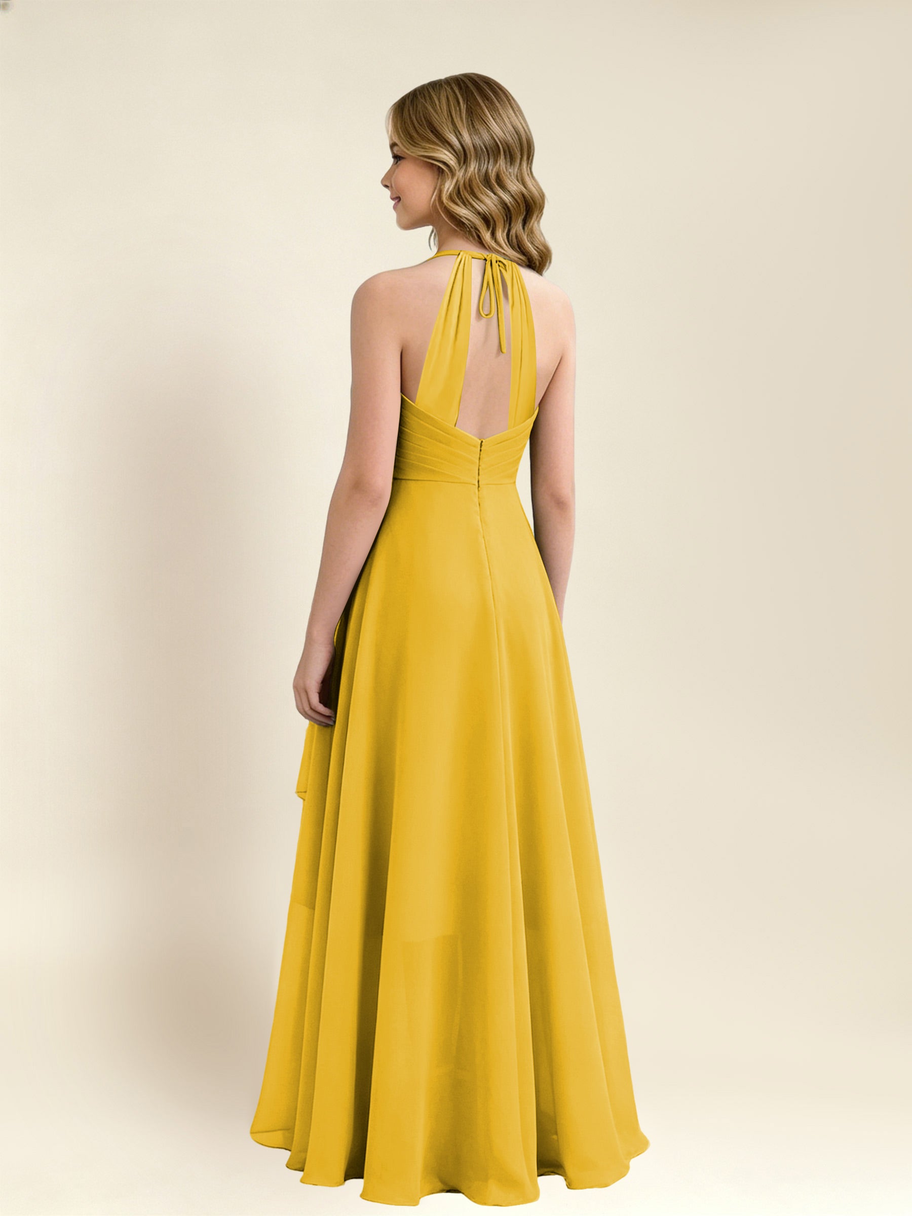 ROVDESY A-Line Halter Pleated Chiffon Junior Bridesmaid Dress