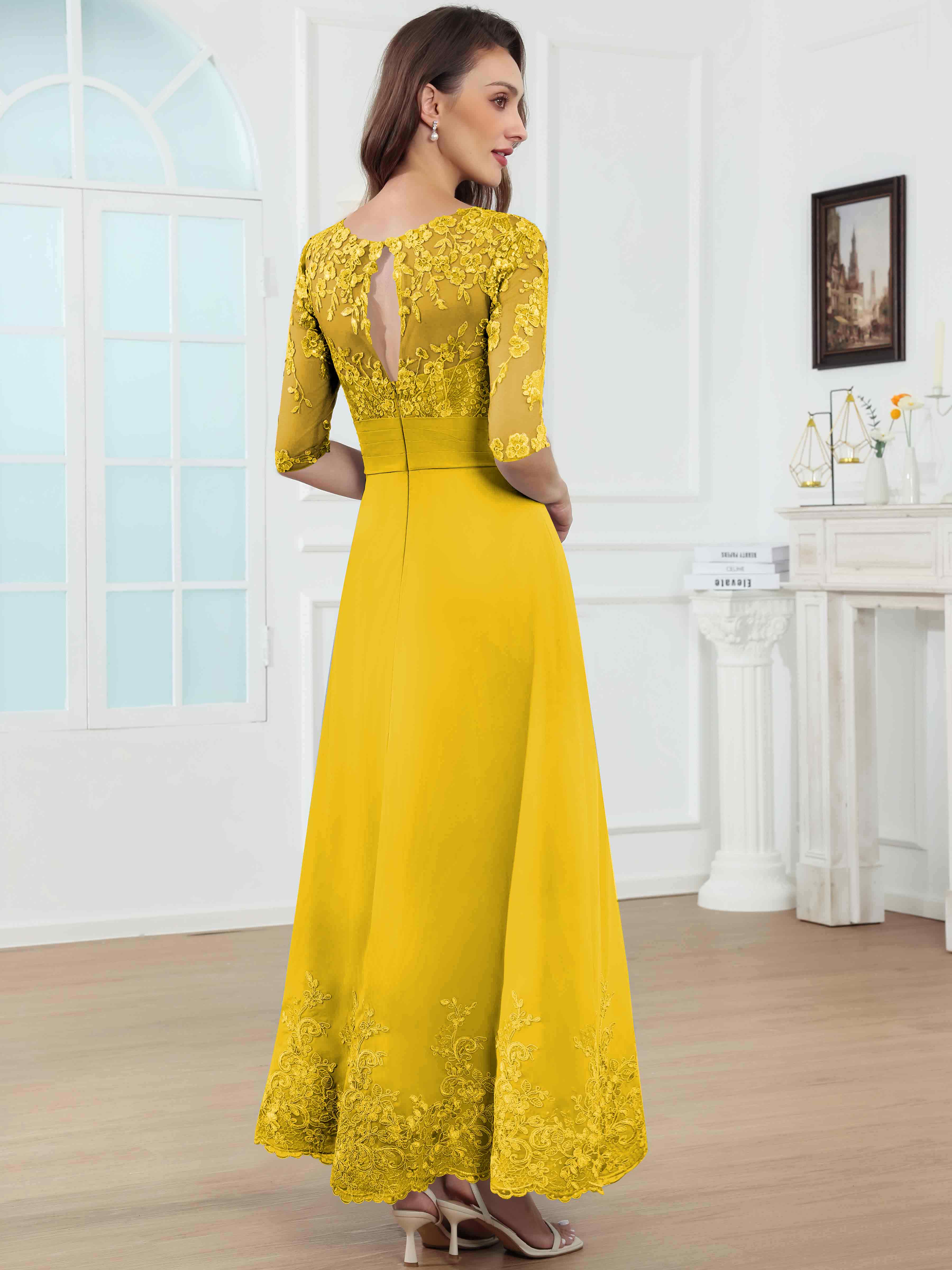 ROVDESY A-Line Lace Sequin Pleated Chiffon Mother Of The Bride Dress With Half Sleeves