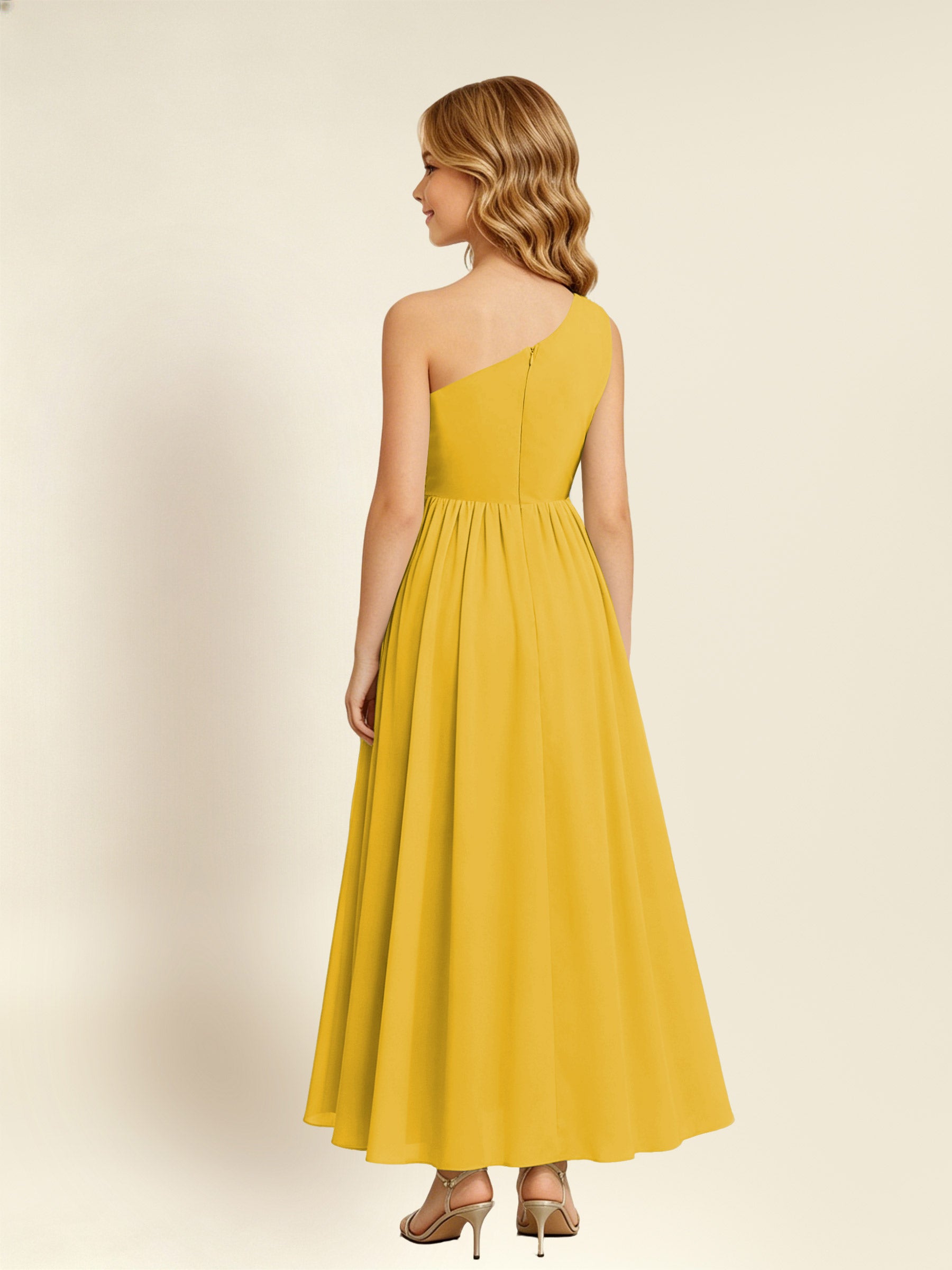 ROVDESY One Shoulder Twist Waist Chiffon Junior Bridesmaid Maxi Dress