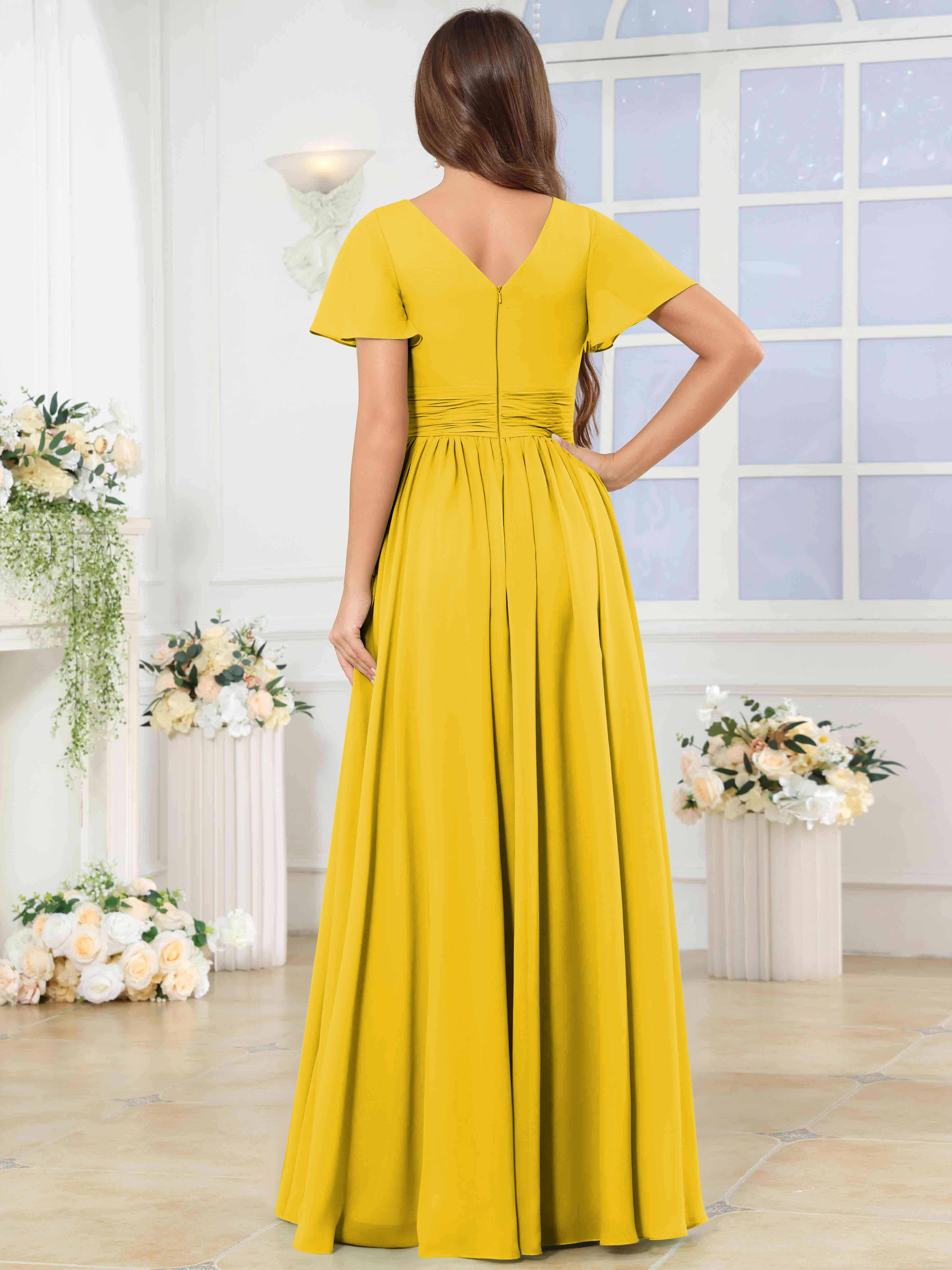 ROVDESY A-Line V-Neck Slit Pleated Ruffle Chiffon Bridesmaid Dress With Short Sleeves