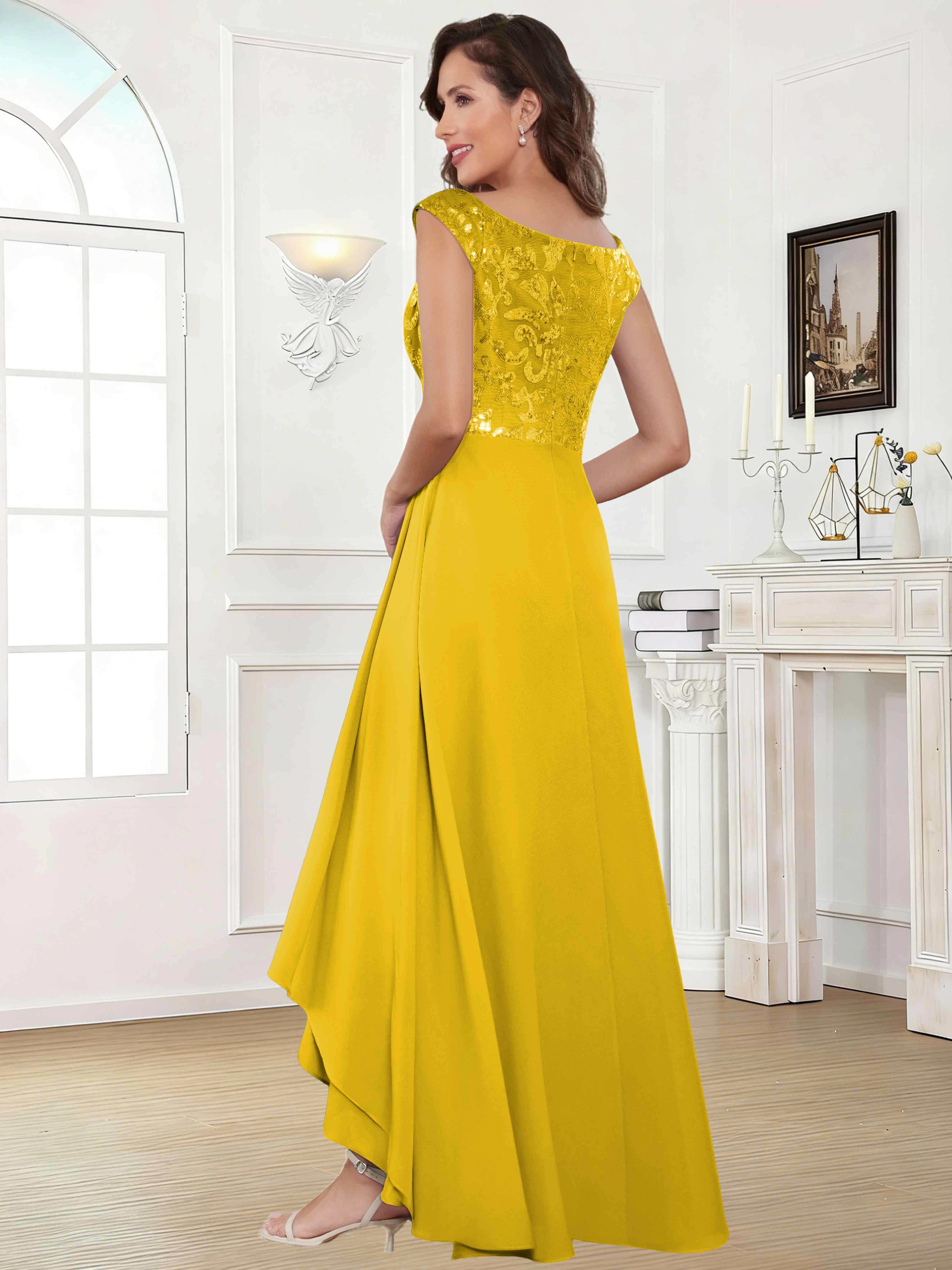 ROVDESY Tea Length Off-The-Shoulder Sequin Chiffon Mother Of The Bride Dress