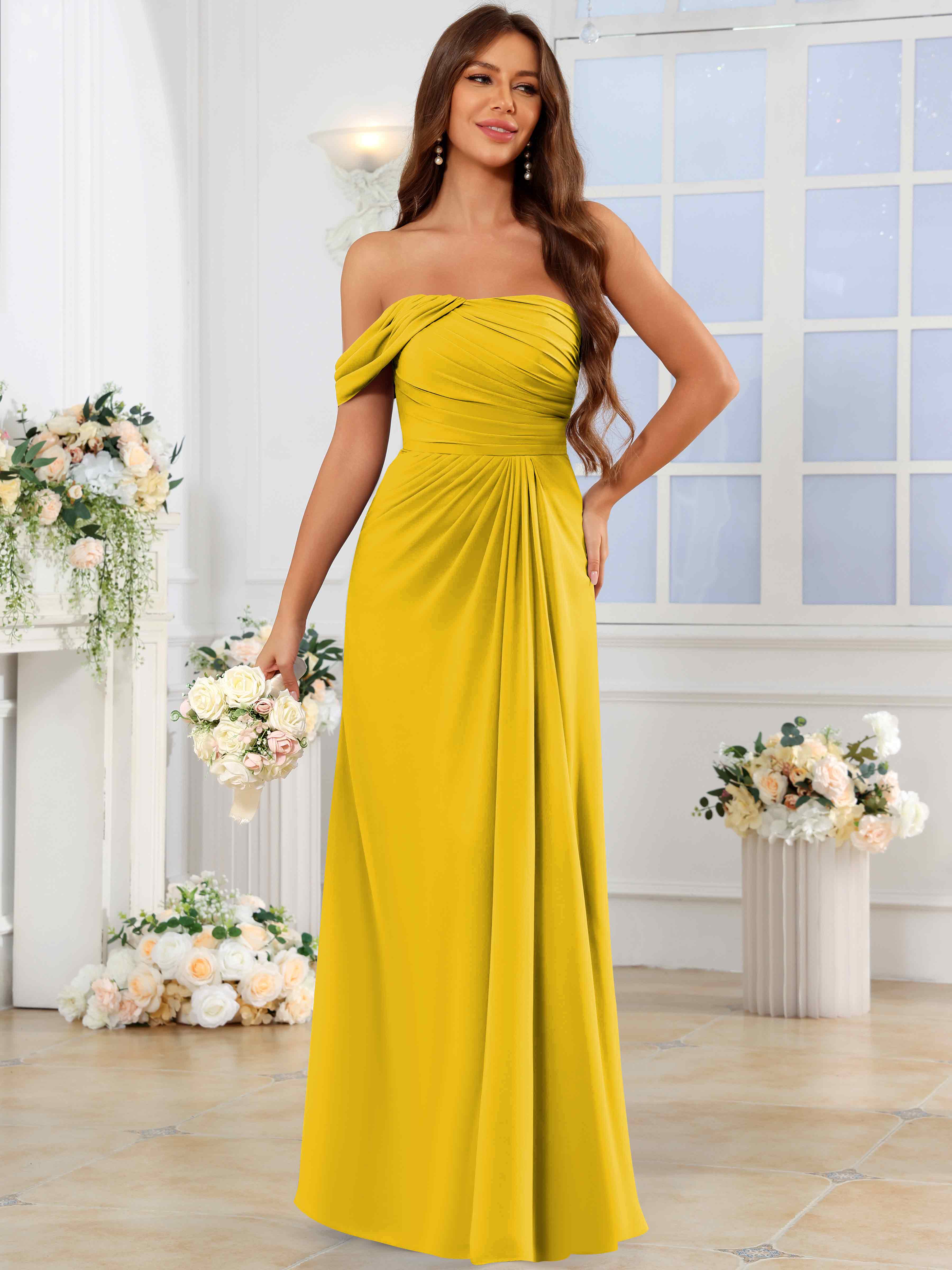 ROVDESY One Shoulder Off The Shoulder Pleated Chiffon Bridesmaid Dress
