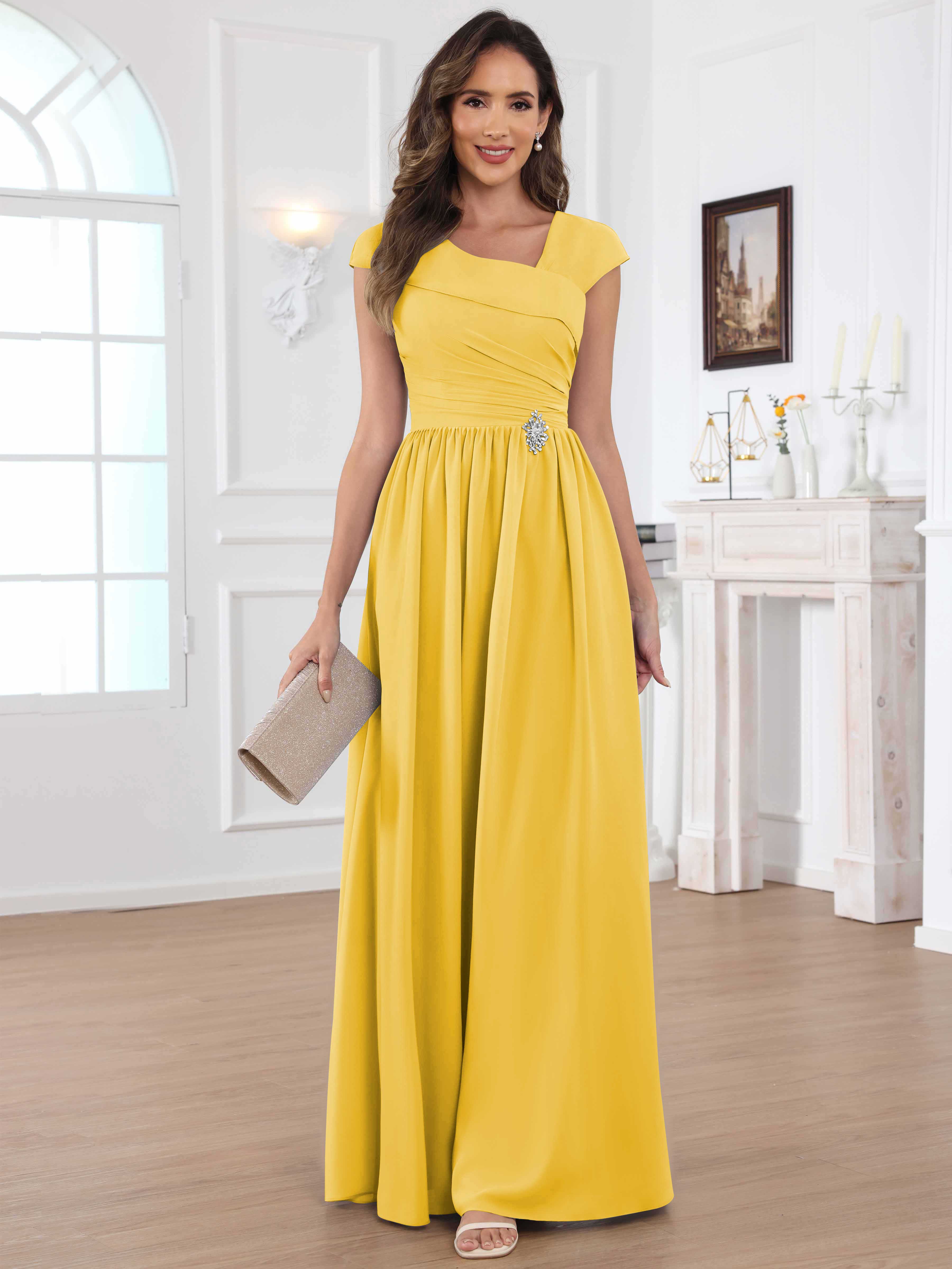 ROVDESY A-Line Cap Sleeves Pleated Chiffon Mother Of The Bride Dress