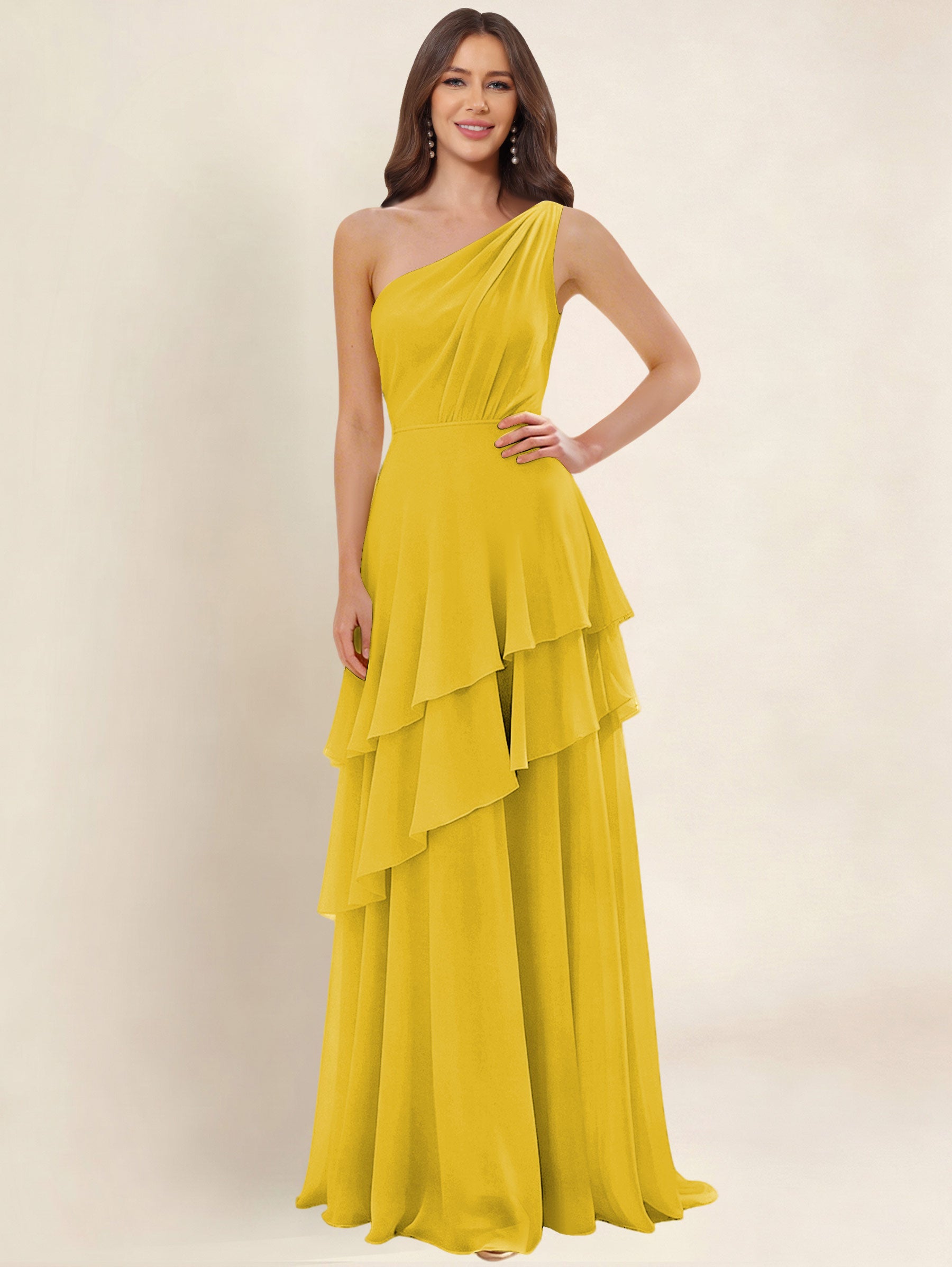 ROVDESY A-Line One Shoulder Pleated Tiered Chiffon Bridesmaid Dress