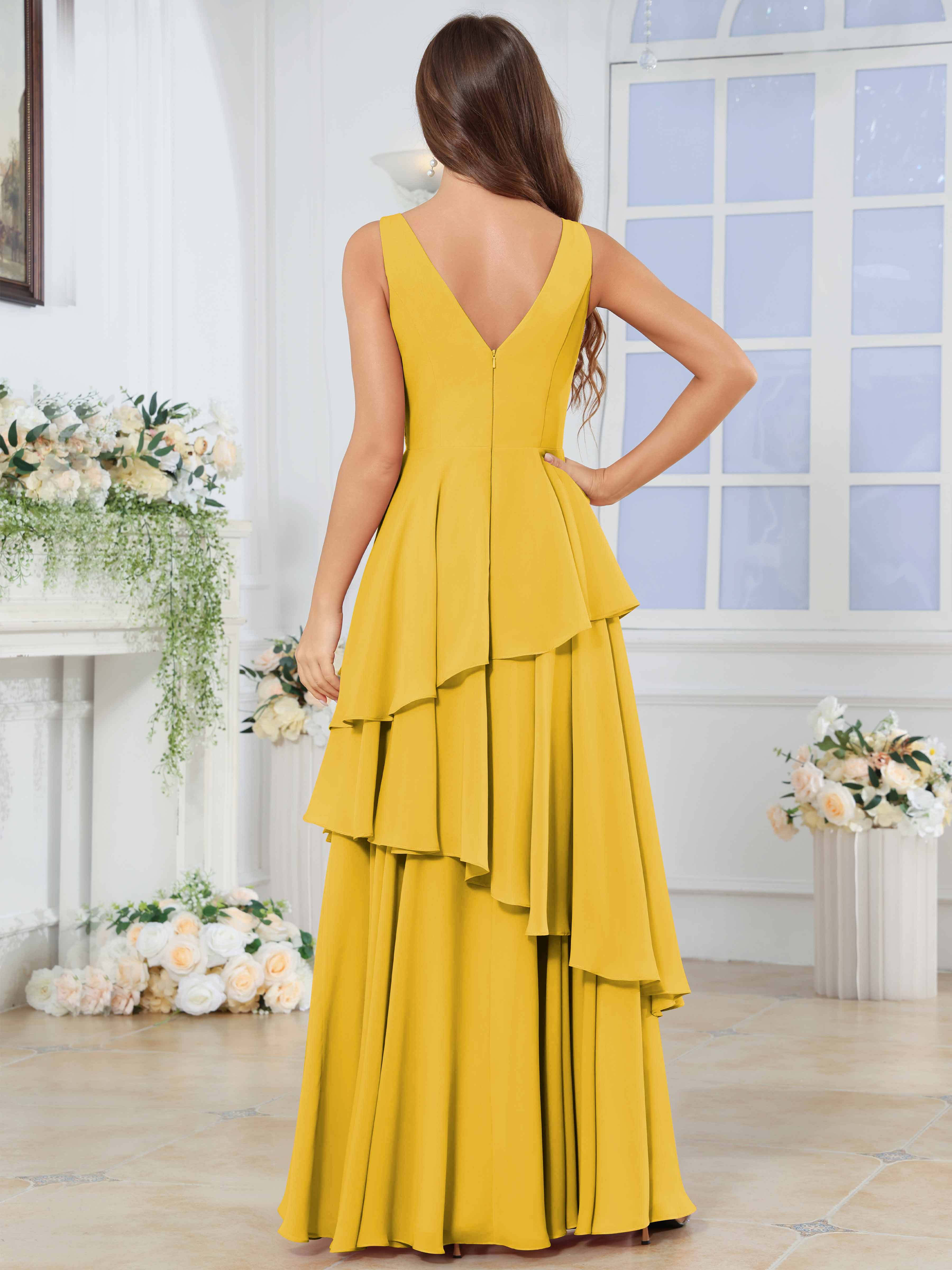 ROVDESY Long Sleeveless V-Neck Tiered Pleated Chiffon Bridesmaid Dress