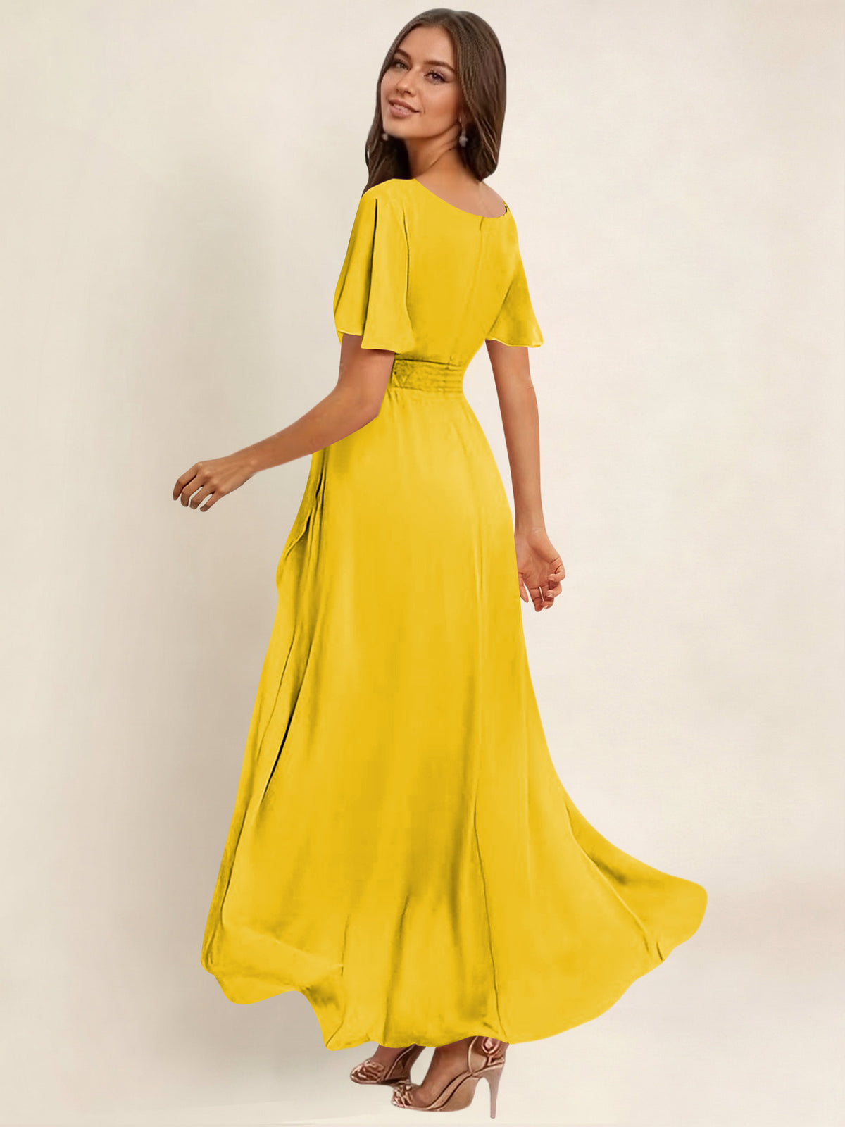 ROVDESY A-Line High Low Round Neck Pleated Ruffle Chiffon Bridesmaid Dress With Short Sleeves