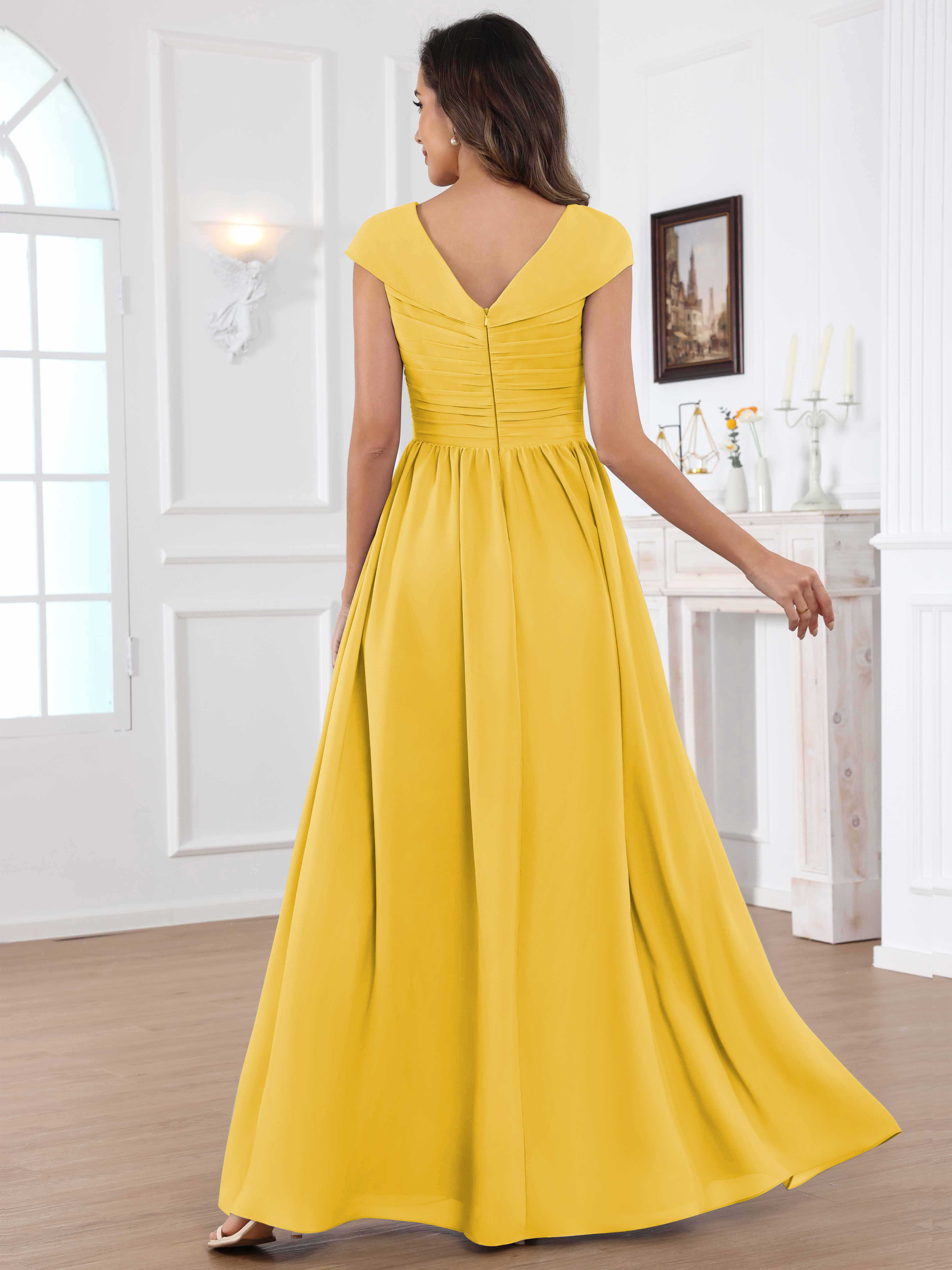 ROVDESY A-Line Cap Sleeves Pleated Chiffon Mother Of The Bride Dress