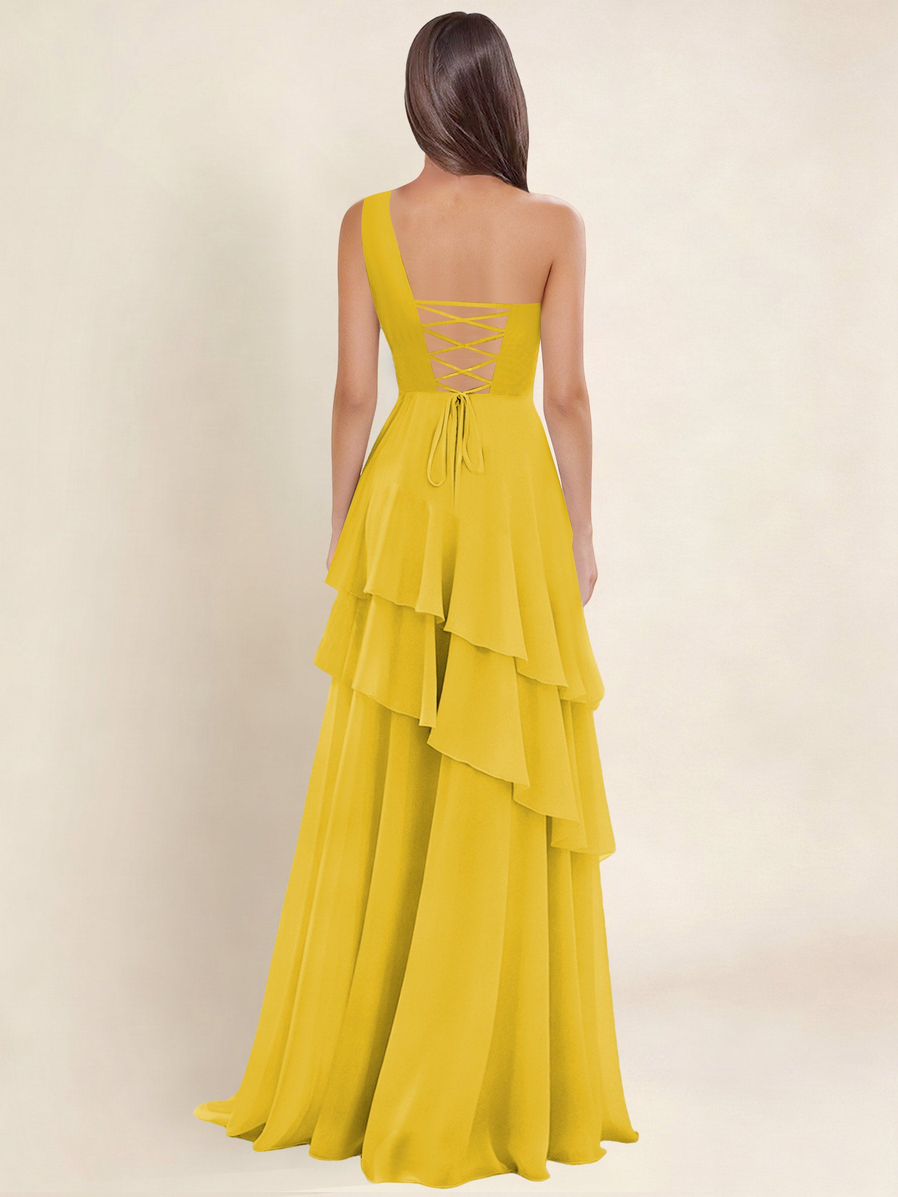 ROVDESY A-Line One Shoulder Pleated Tiered Chiffon Bridesmaid Dress