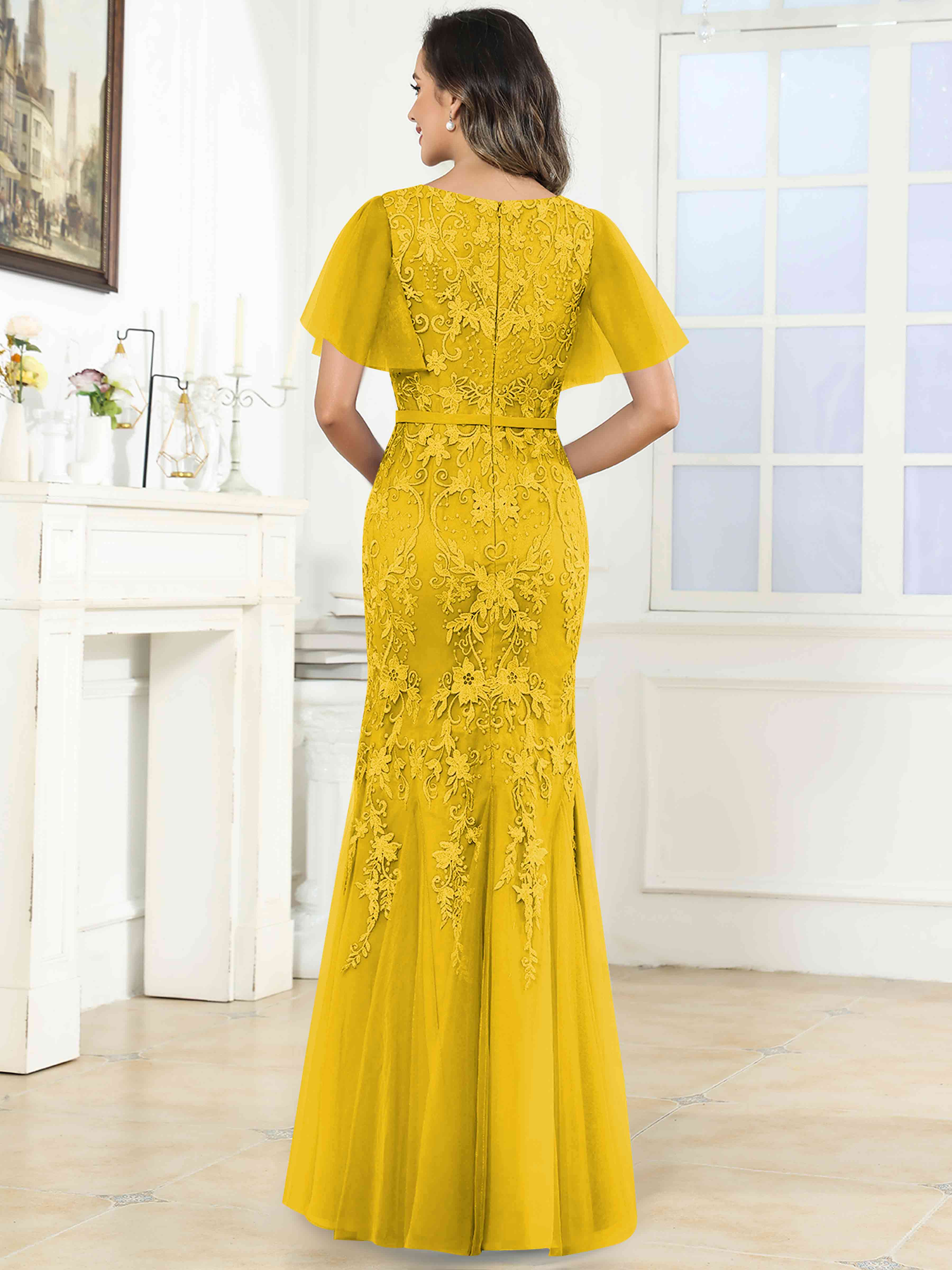 ROVDESY Elegant V-Neck Lace Mermaid Long Mother Of The Bride Dress Formal Gown With Sleeves
