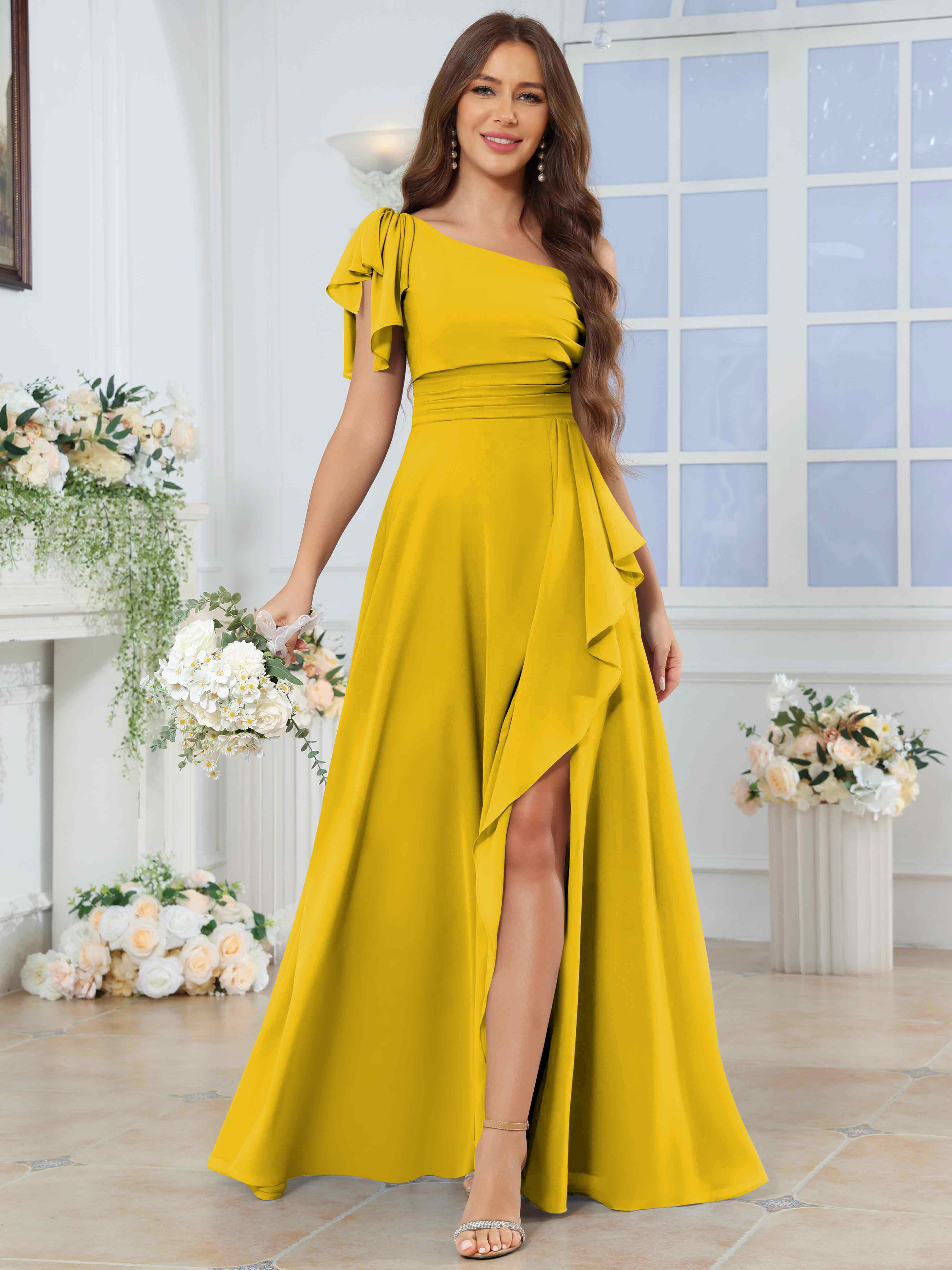 ROVDESY One Shoulder Pleated Ruffle Chiffon Bridesmaid Dress With Slit