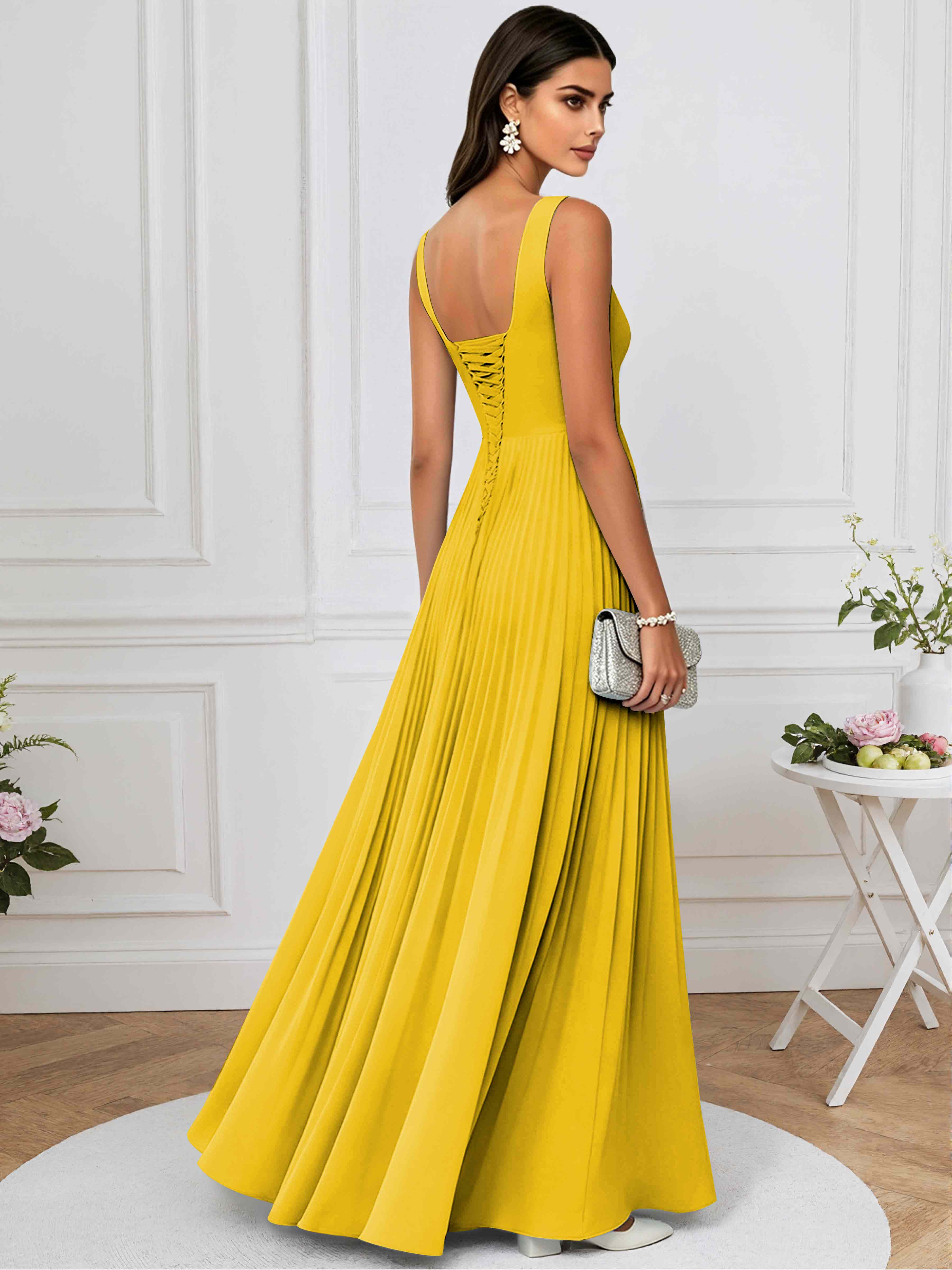ROVDESY A-Line Square Neck Pleated Chiffon Long Bridesmaid/Prom Dress