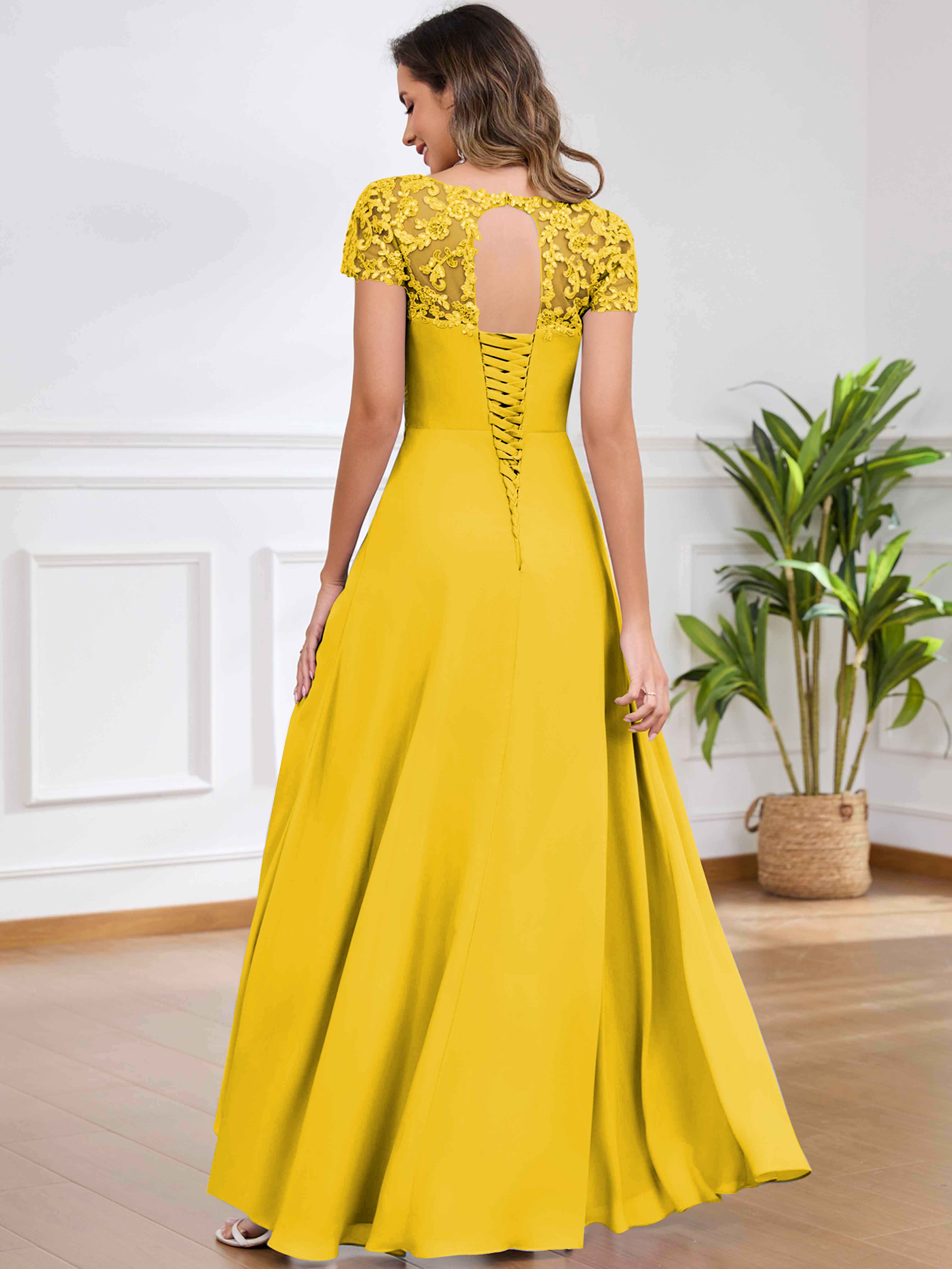 ROVDESY A-Line Pleated Lace Sequin Ruffle Chiffon Mother Of The Bride Dress With Slit