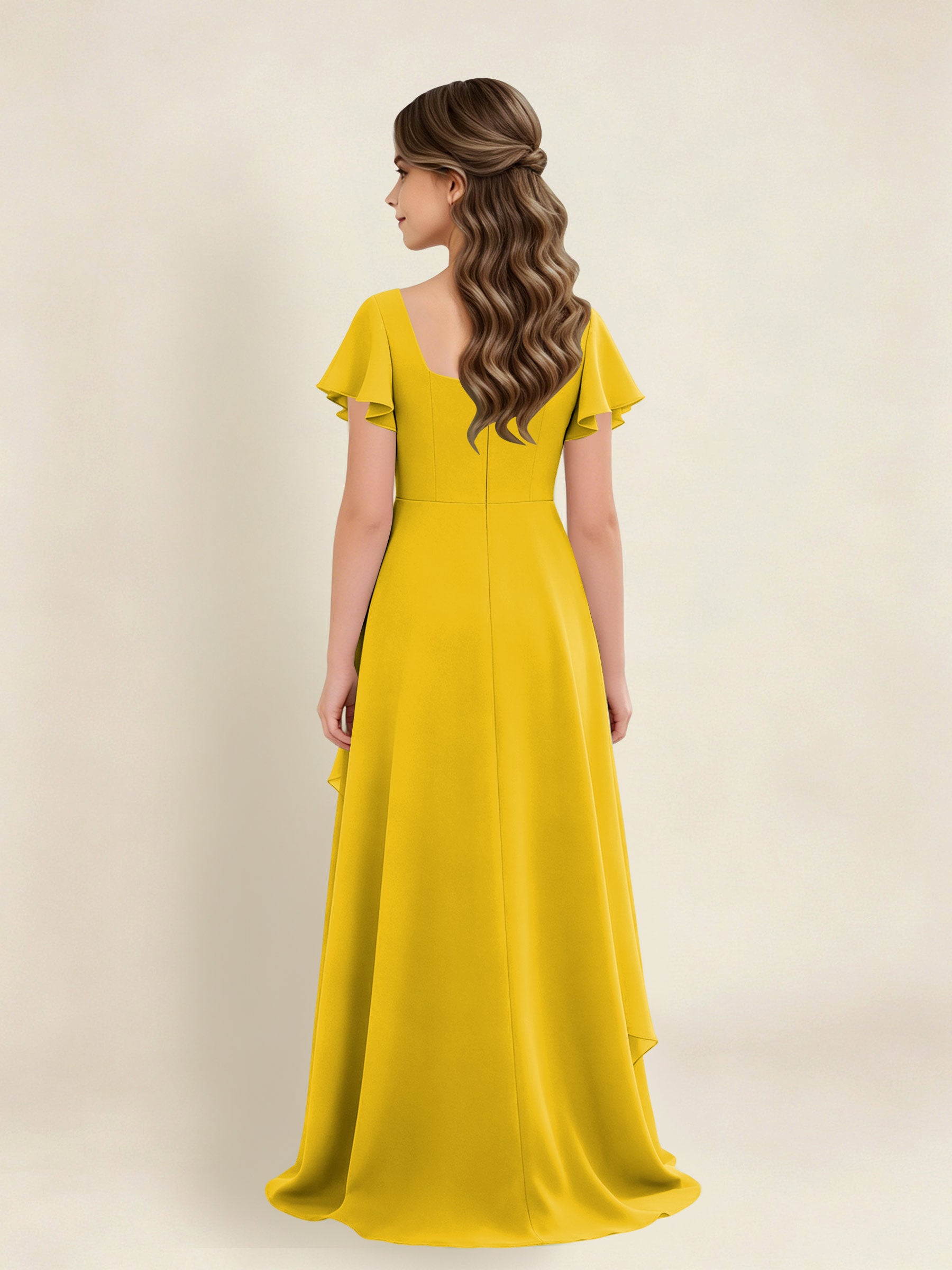 ROVDESY A-Line Square Neck Ruffle Chiffon Junior Bridesmaid Dress With Short Sleeves
