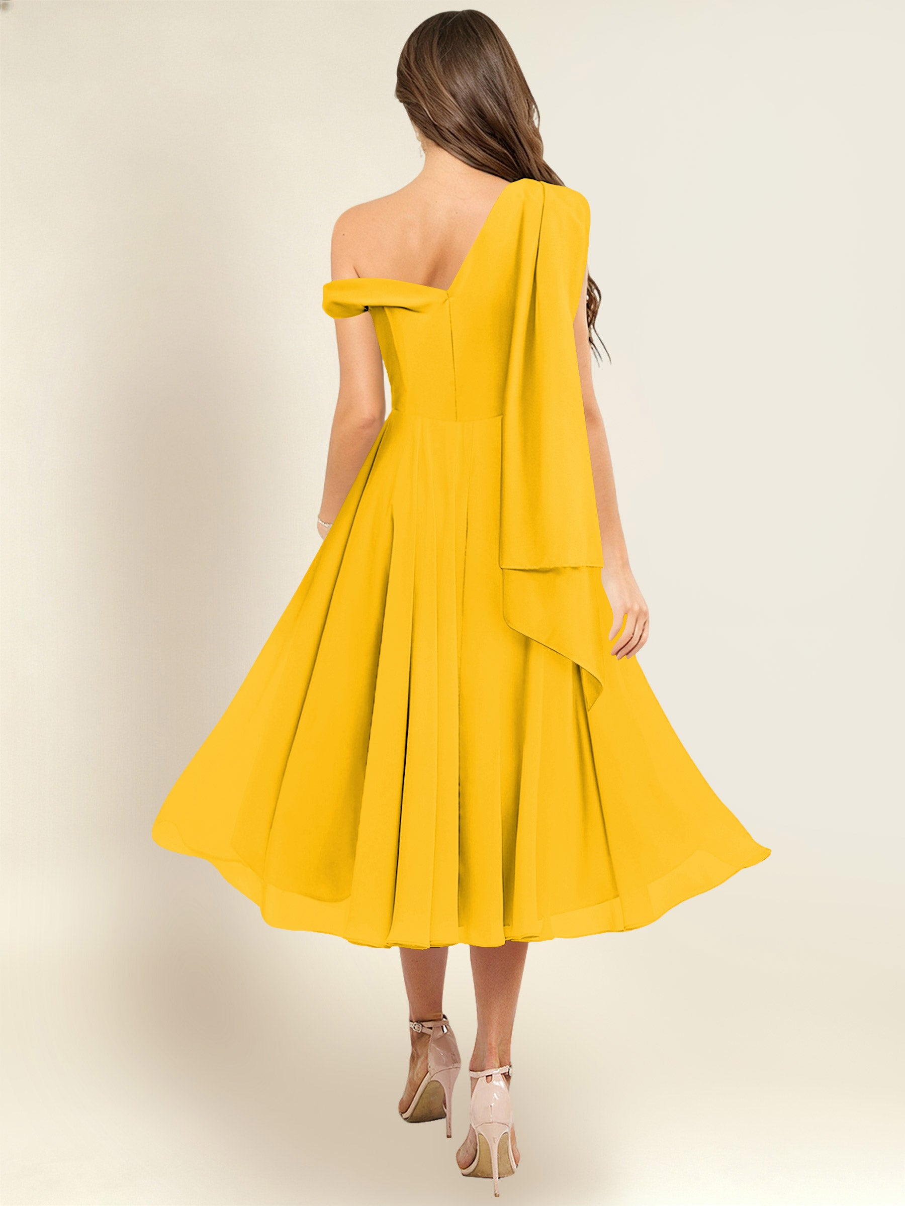 ROVDESY A-Line One Shoulder Pleated Chiffon Bridesmaid Dress With Flowing Sash