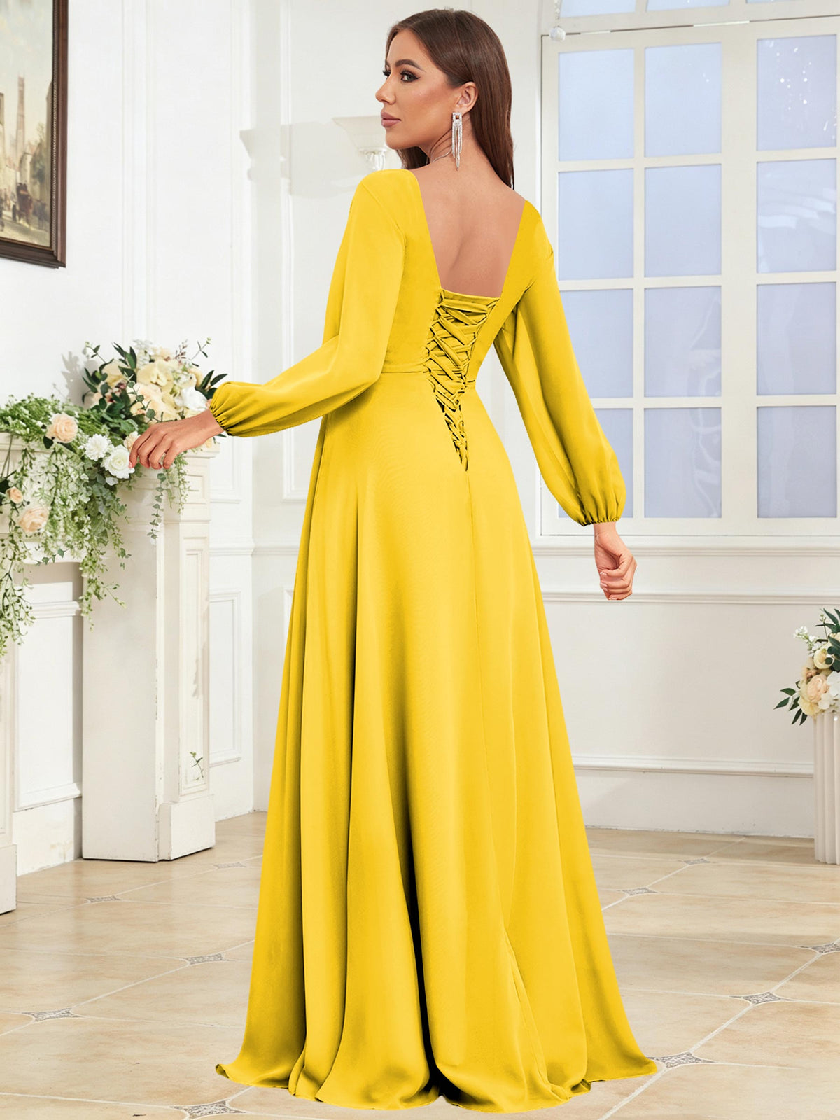 V Neck Chiffon Long Sleeve Bridesmaid Dresses with Slit