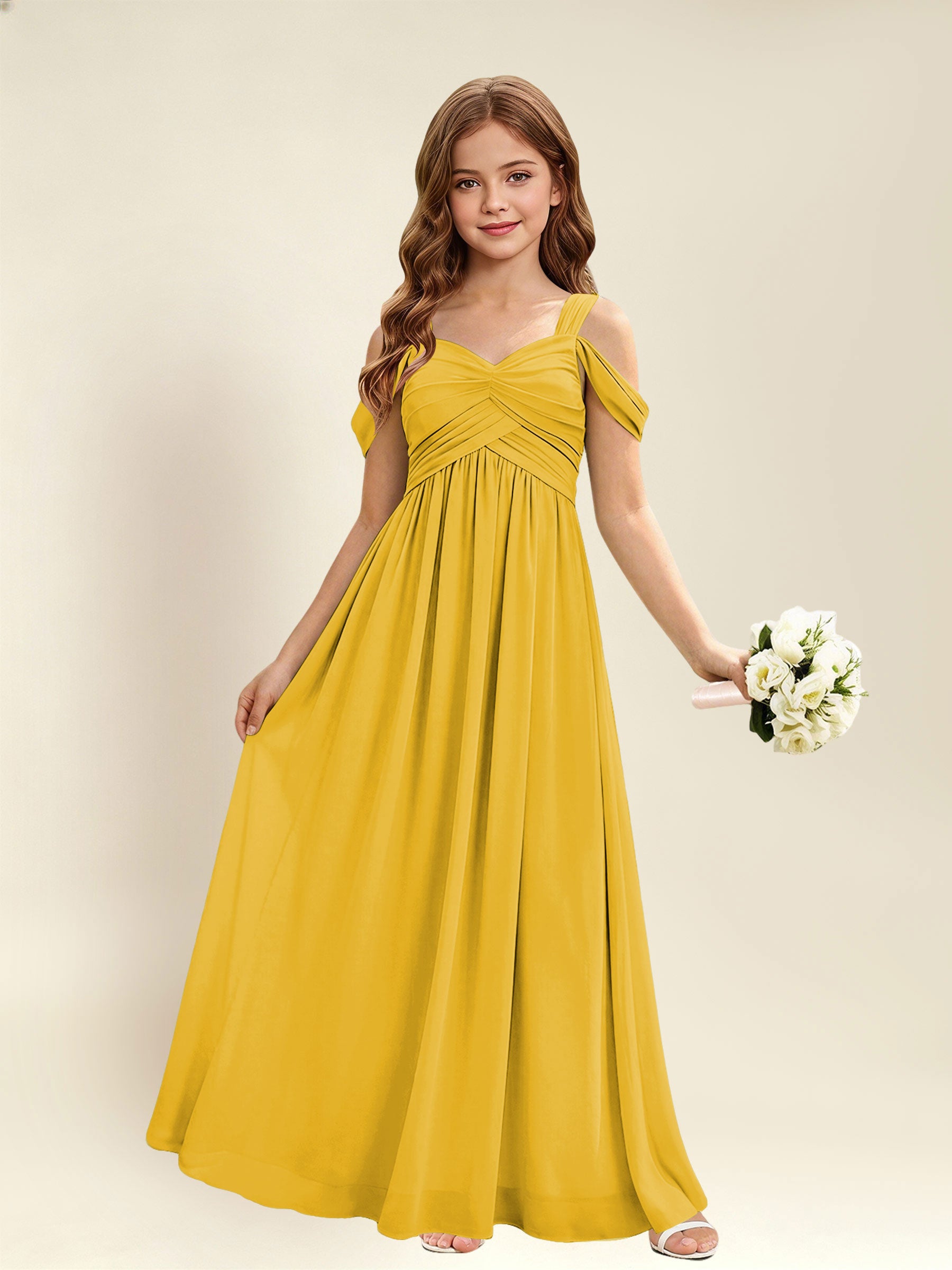 ROVDESY A-Line Off The Shoulder Pleated Chiffon Junior Bridesmaid Dress