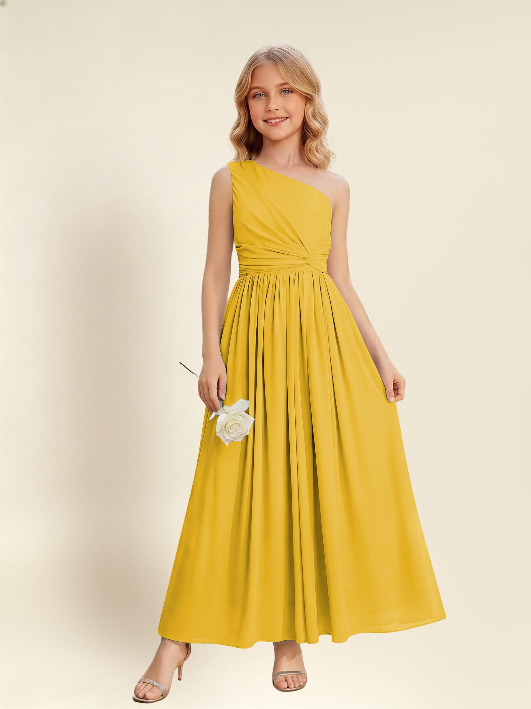 ROVDESY One Shoulder Twist Waist Chiffon Junior Bridesmaid Maxi Dress