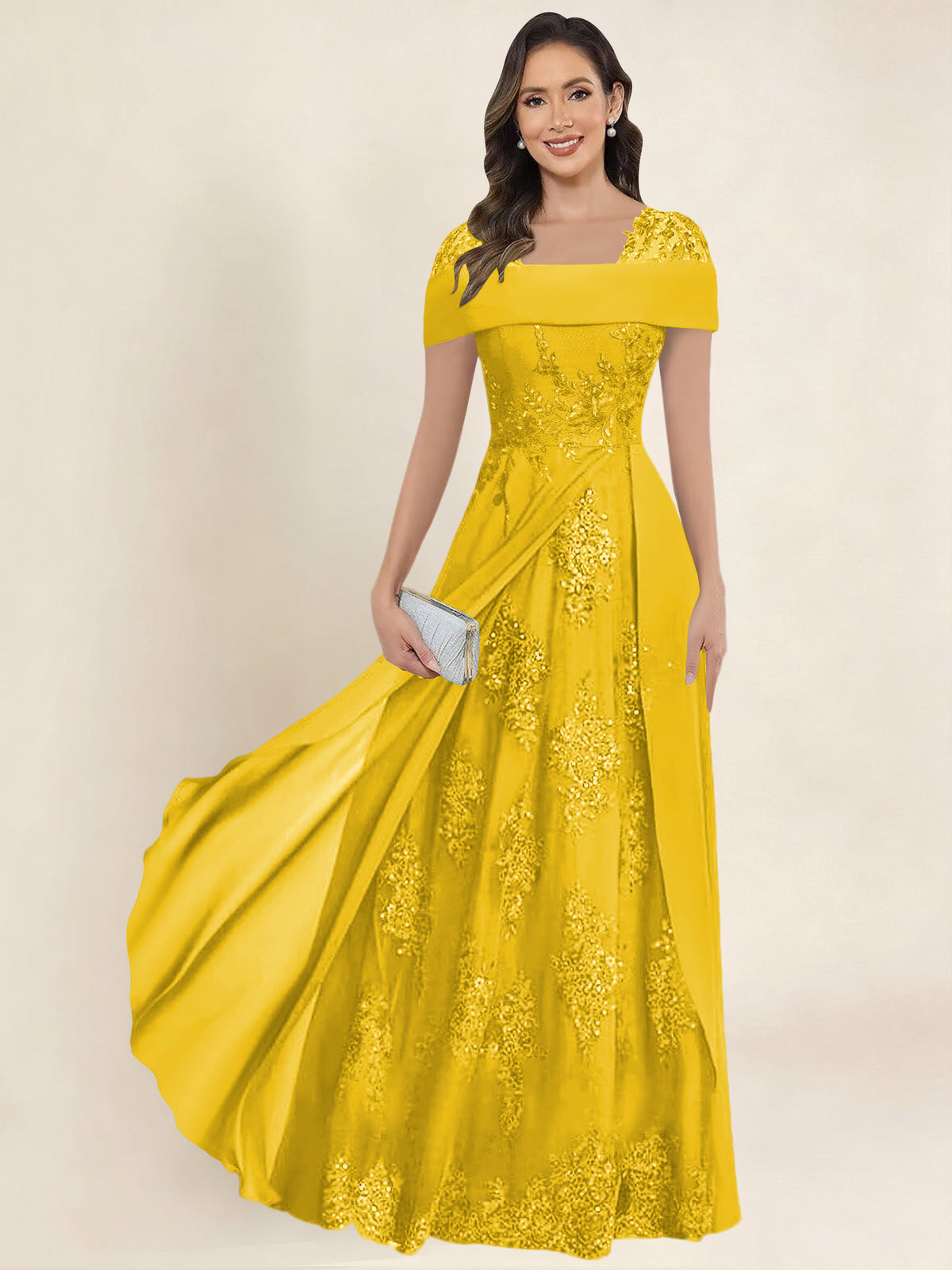 ROVDESY A-Line Off The Shoulder Lace Chiffon Long Mother of the Bride Dress Formal Gown