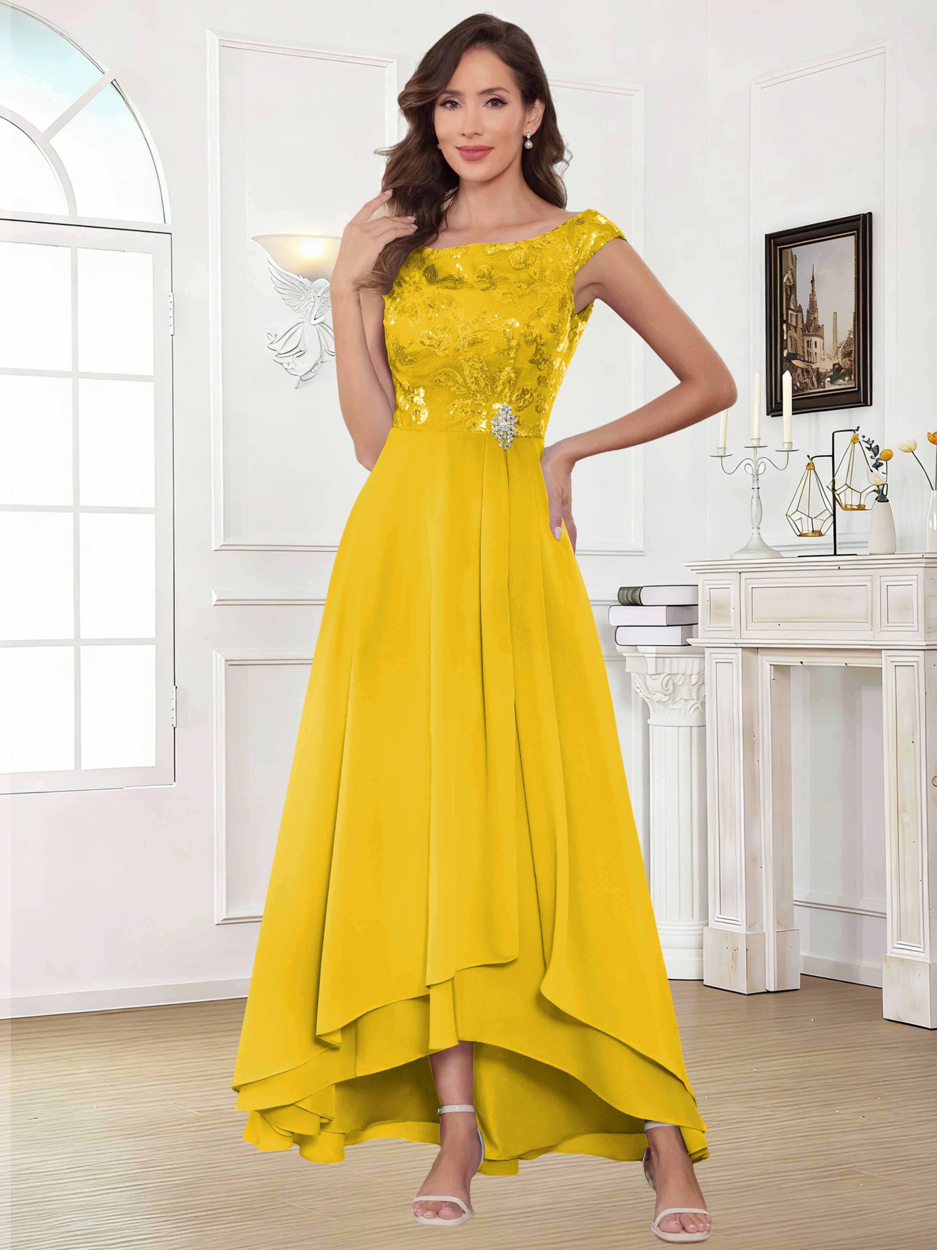 ROVDESY Tea Length Off-The-Shoulder Sequin Chiffon Mother Of The Bride Dress