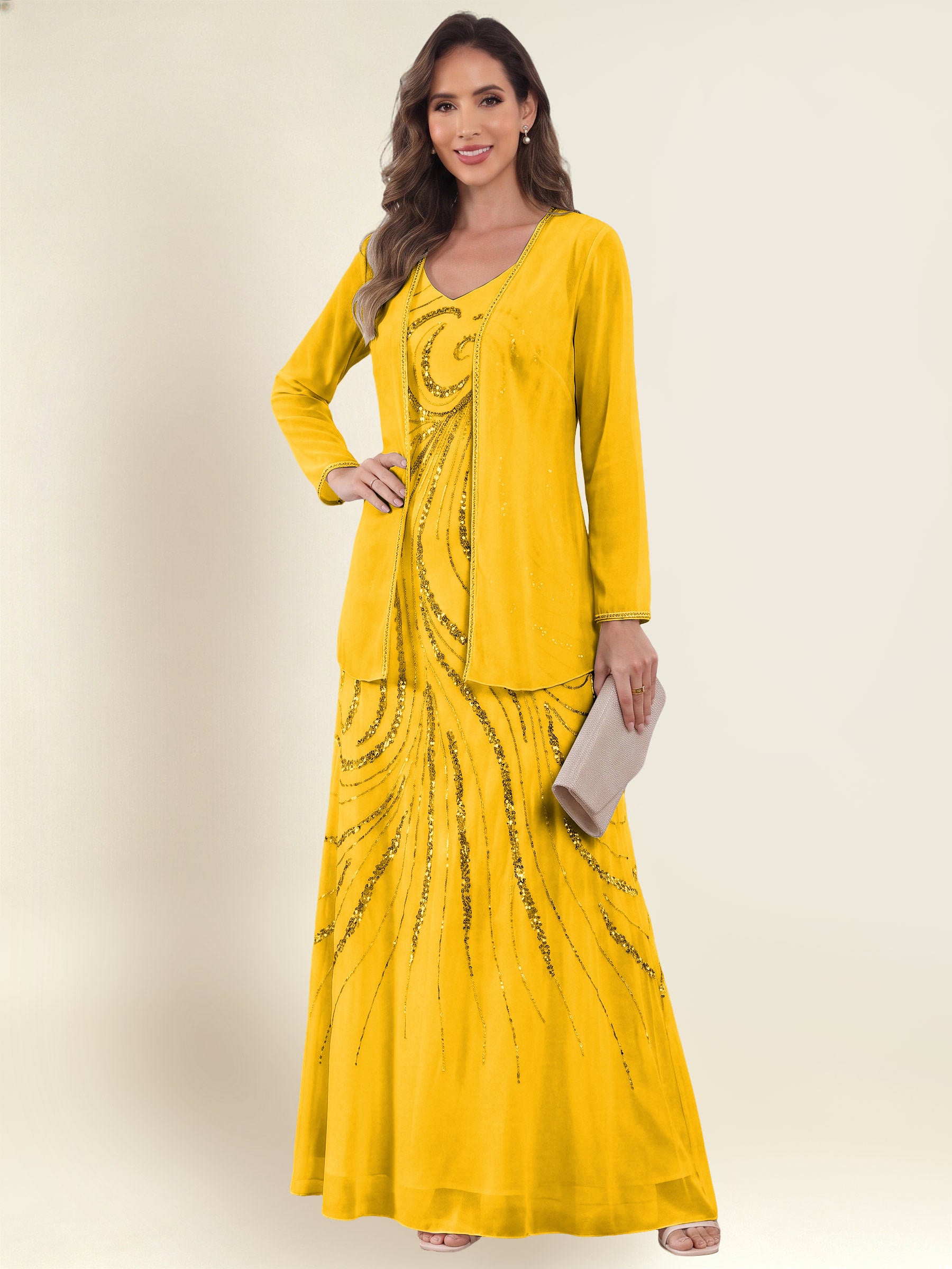 ROVDESY 2 Pieces V-Neck Sequin Chiffon Long Mother Of The Bride Dress With Long Sleeve Jacket