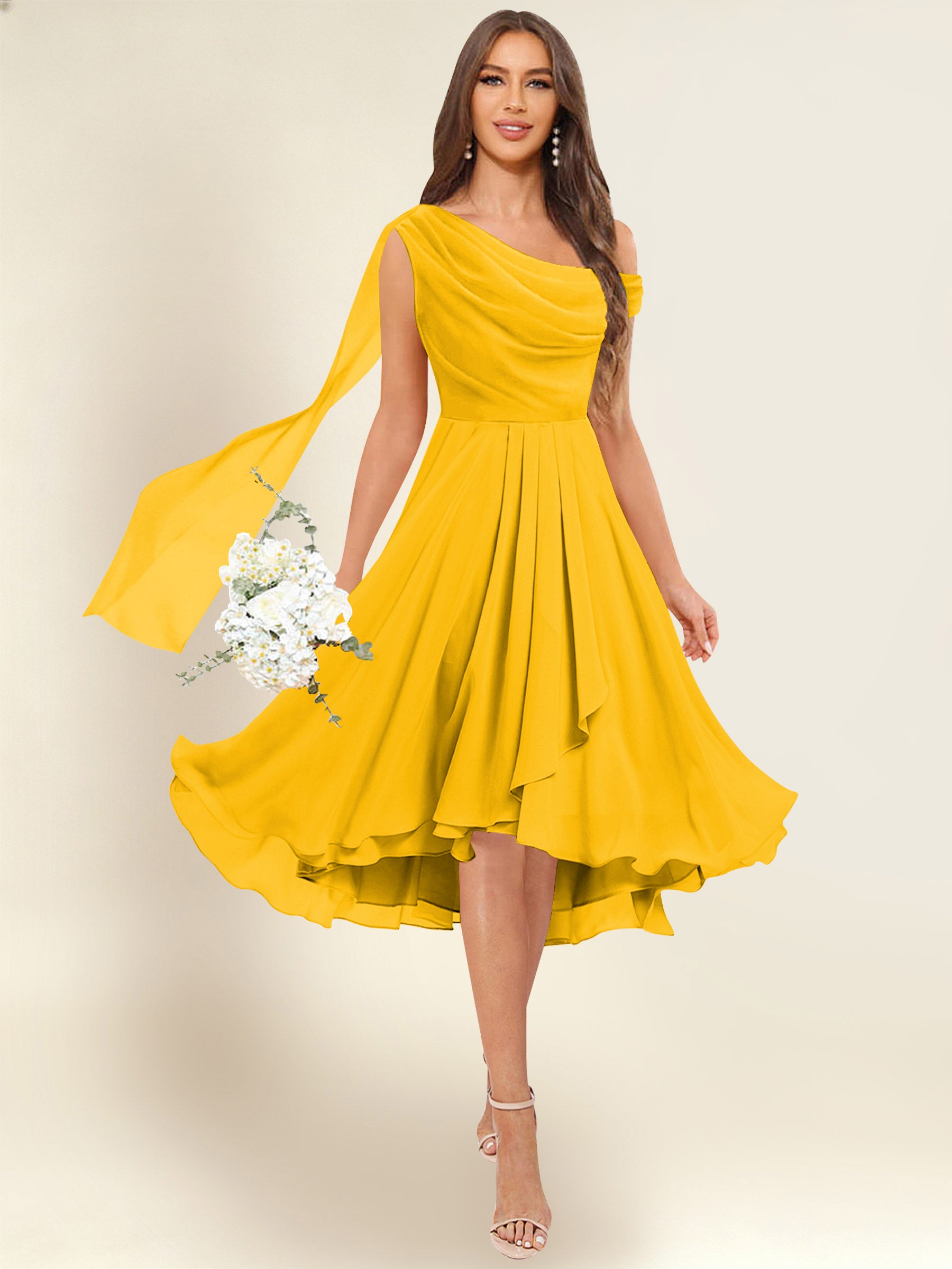 ROVDESY A-Line One Shoulder Pleated Chiffon Bridesmaid Dress With Flowing Sash