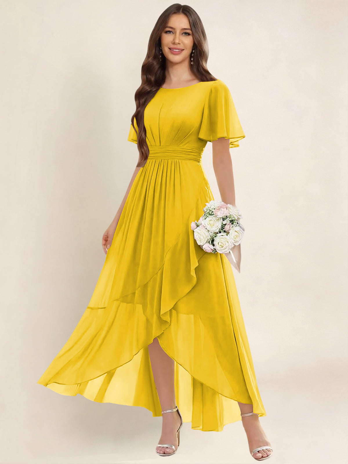 ROVDESY A-Line High Low Round Neck Pleated Ruffle Chiffon Bridesmaid Dress With Short Sleeves