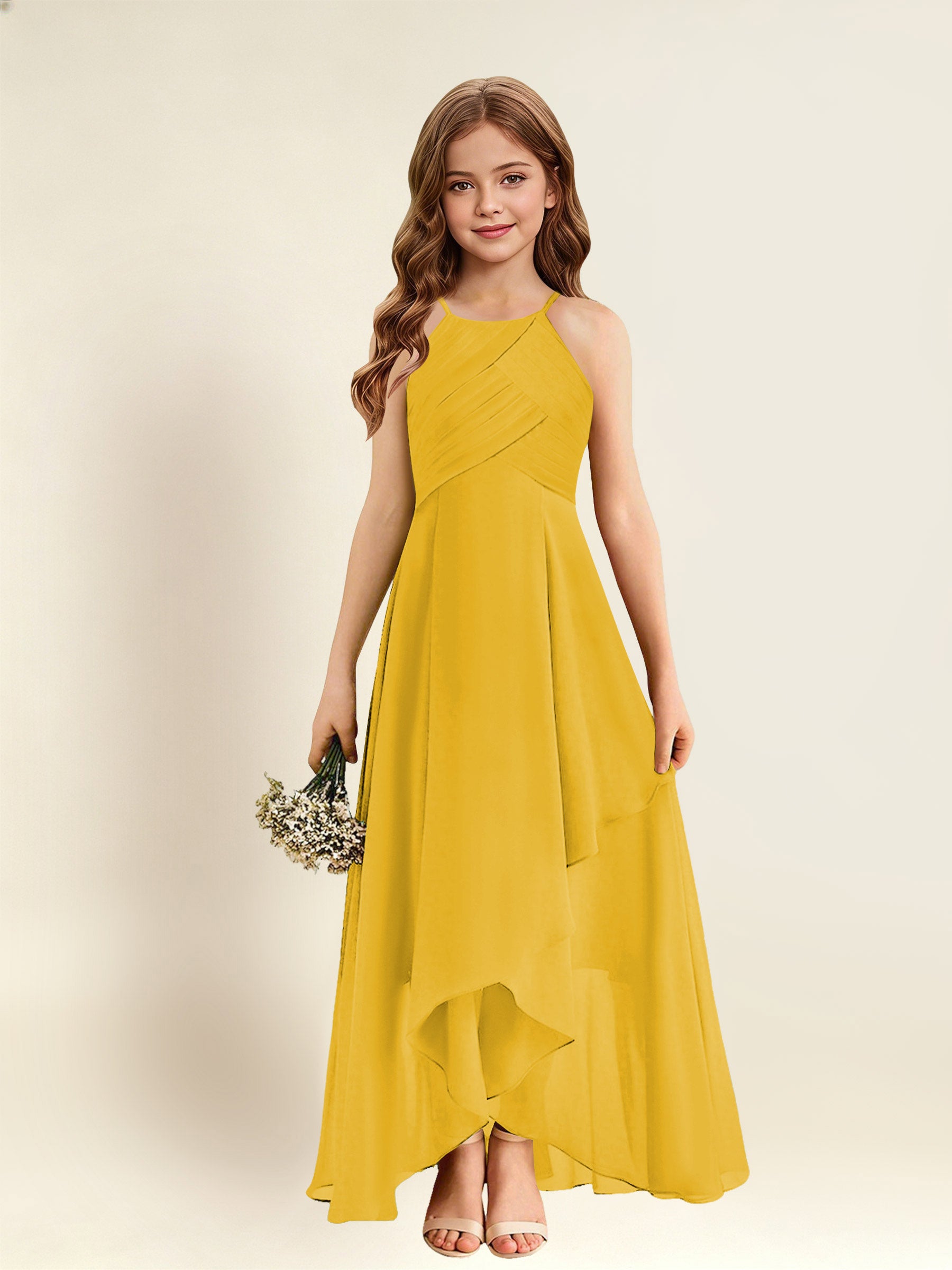 ROVDESY A-Line Halter Pleated Chiffon Junior Bridesmaid Dress
