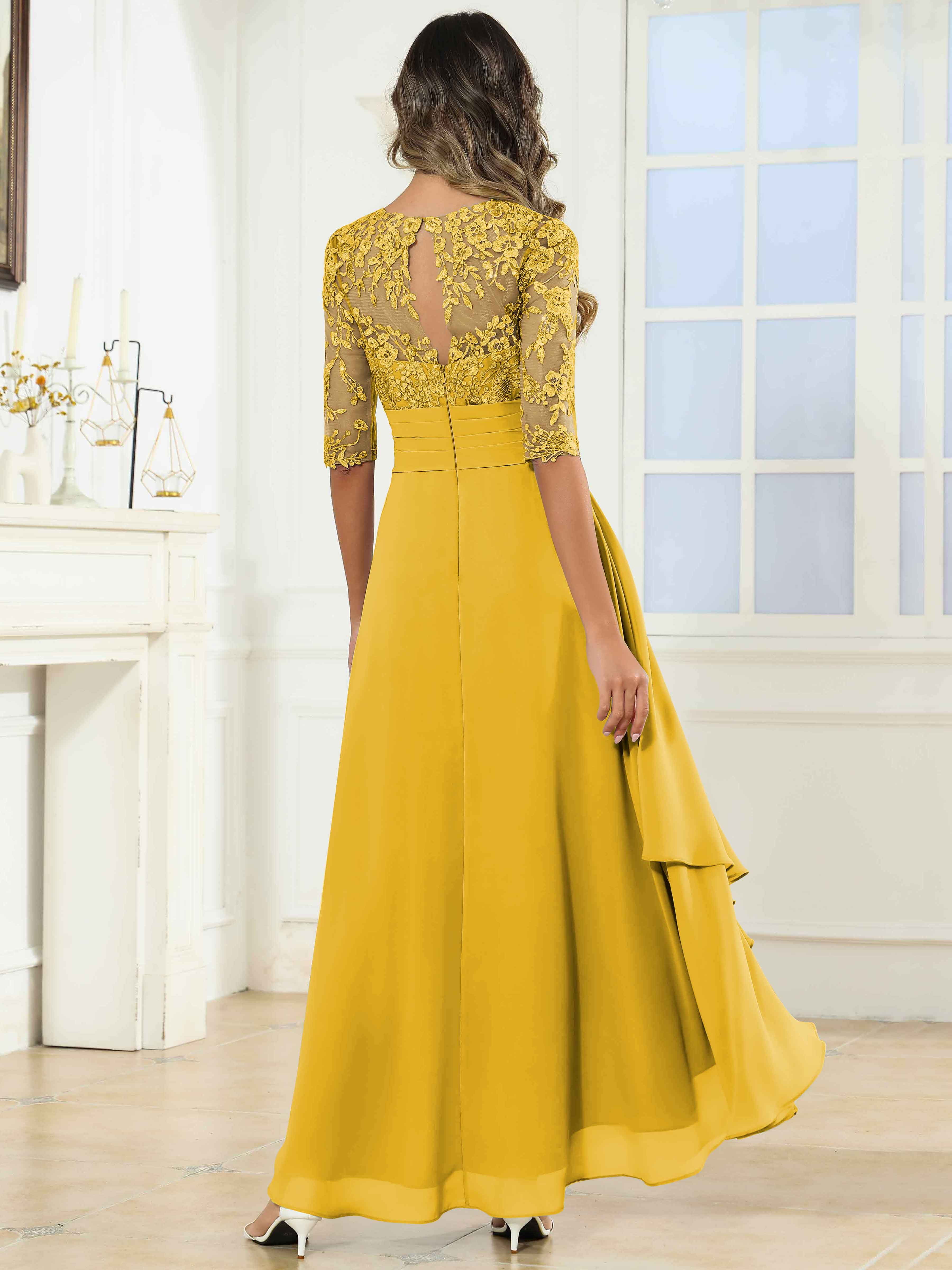 ROVDESY Tea Length A-Line Lace Chiffon Mother Of The Bride Dress With Half Sleeves
