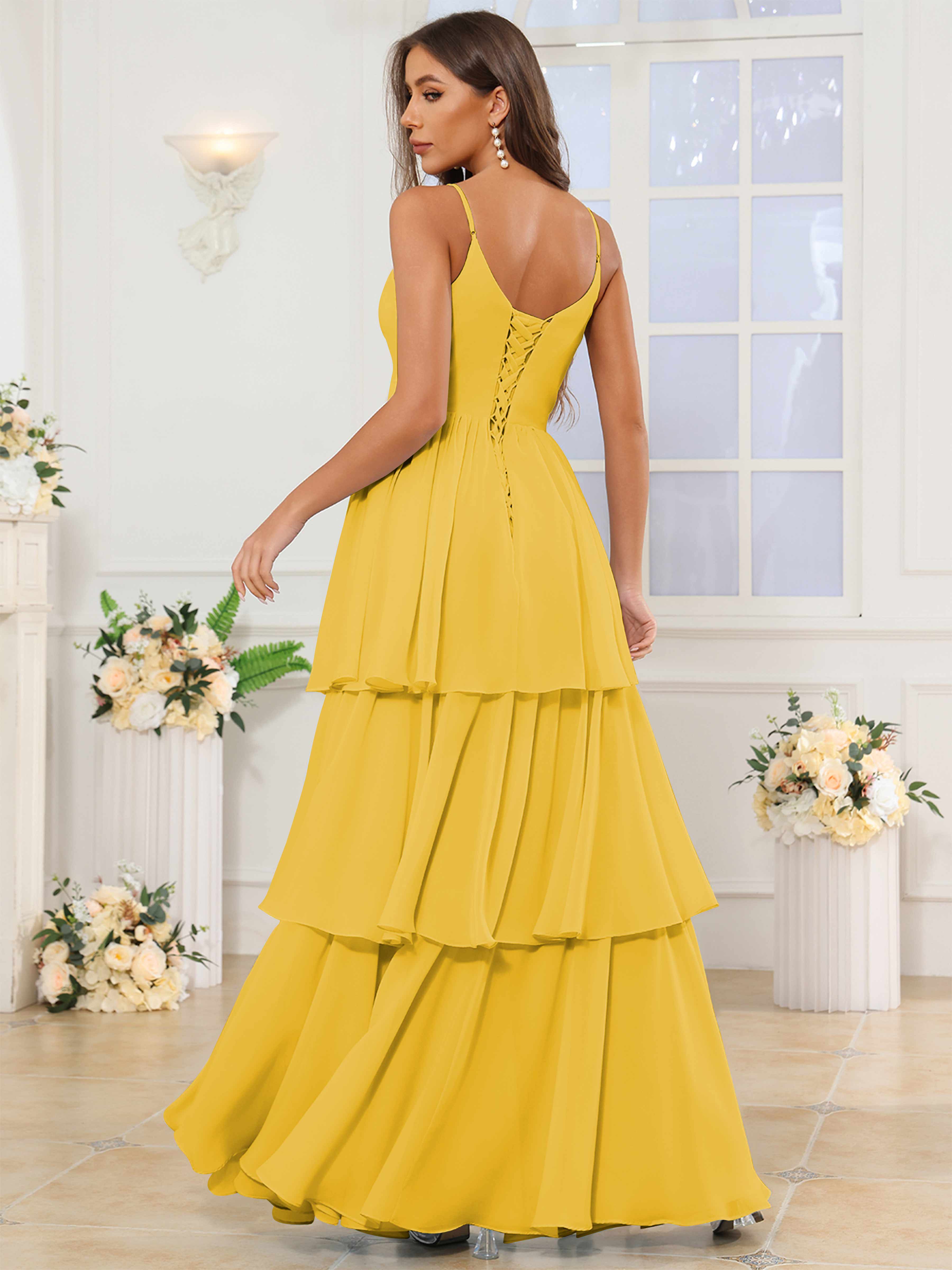 ROVDESY V-Neck Spaghetti Straps Tiered Chiffon Bridesmaid Dress With Ruffles