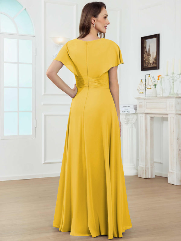 A-Line V-Neck Pleated Lace Chiffon Mother Of The Bride Dress With Short Sleeves
