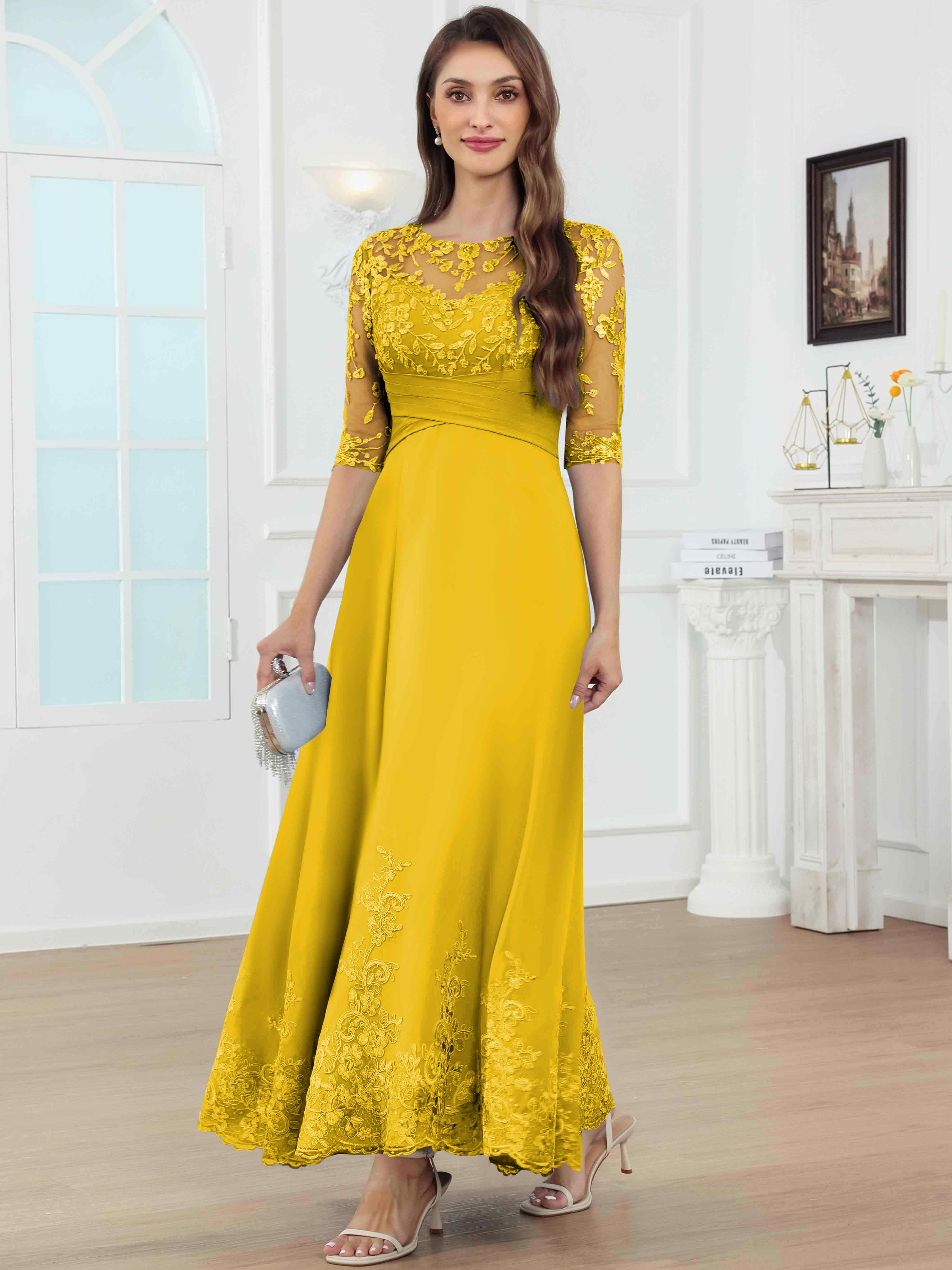 ROVDESY A-Line Lace Sequin Pleated Chiffon Mother Of The Bride Dress With Half Sleeves