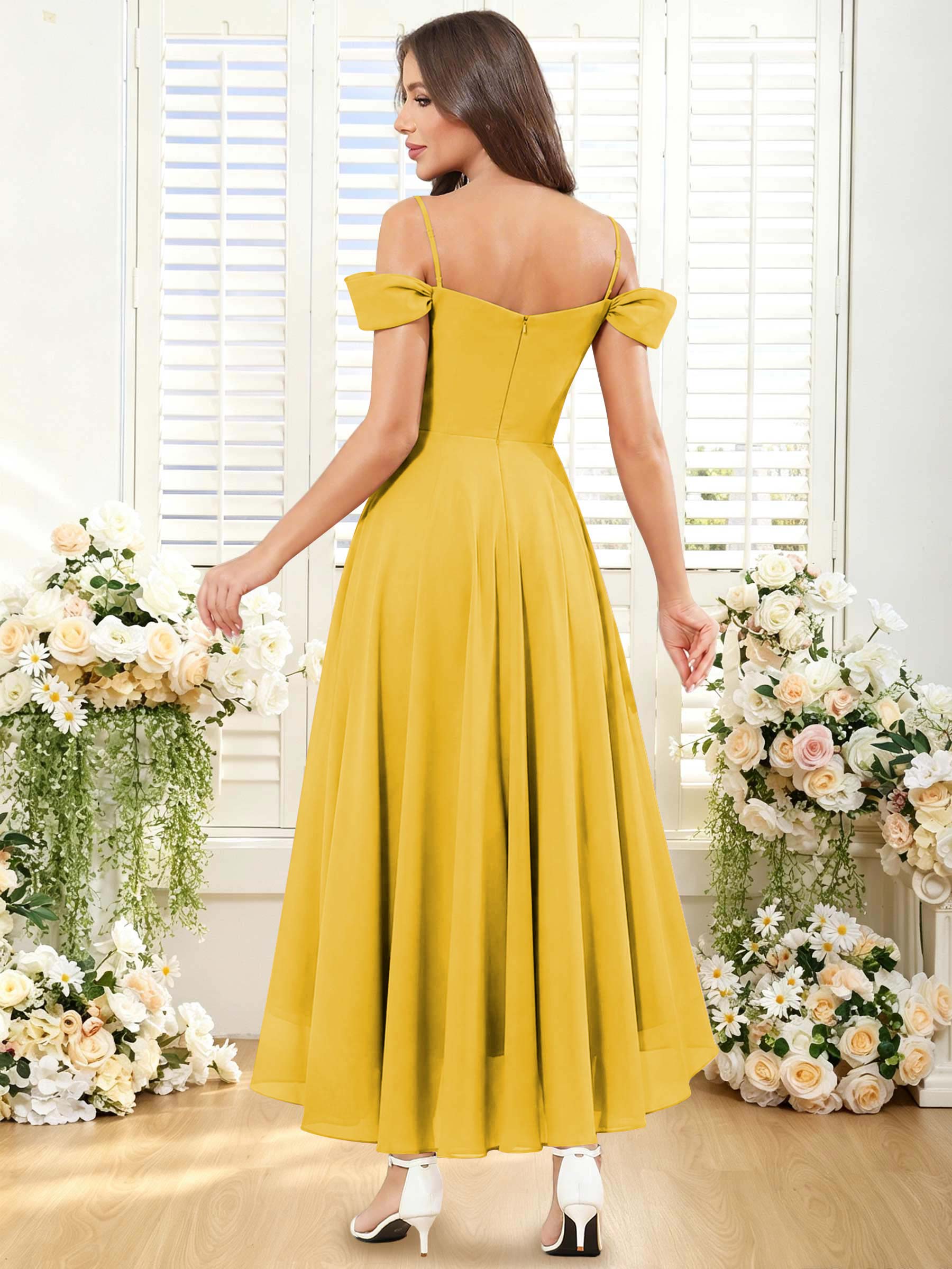 ROVDESY ROVDESY Short Cold Shoulder Sweetheart High Low Pleated Chiffon Bridesmaid Dress