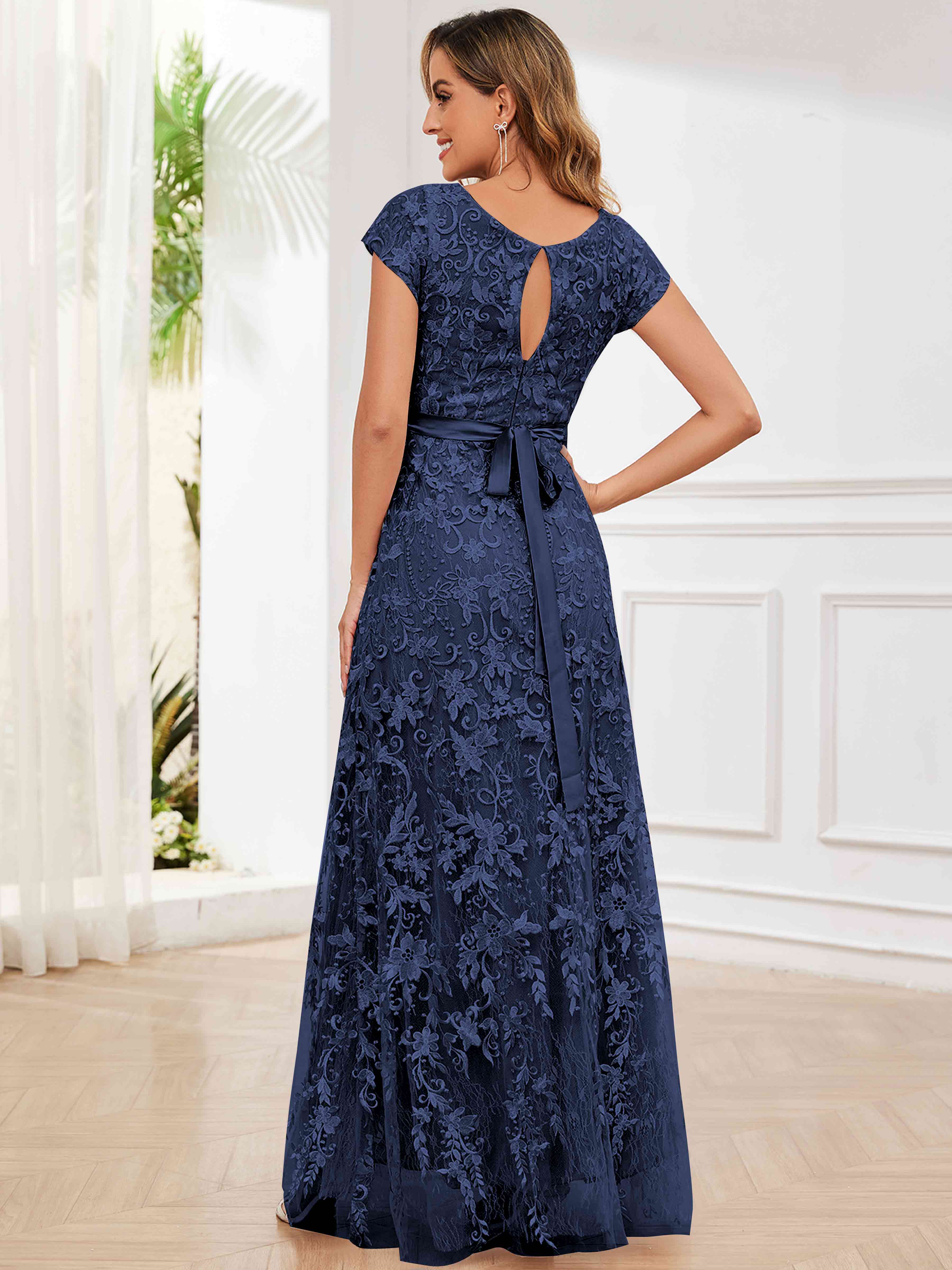 ROVDESY Elegant Lace Mother Of The Bride Dress With Short Sleeves Formal Gown
