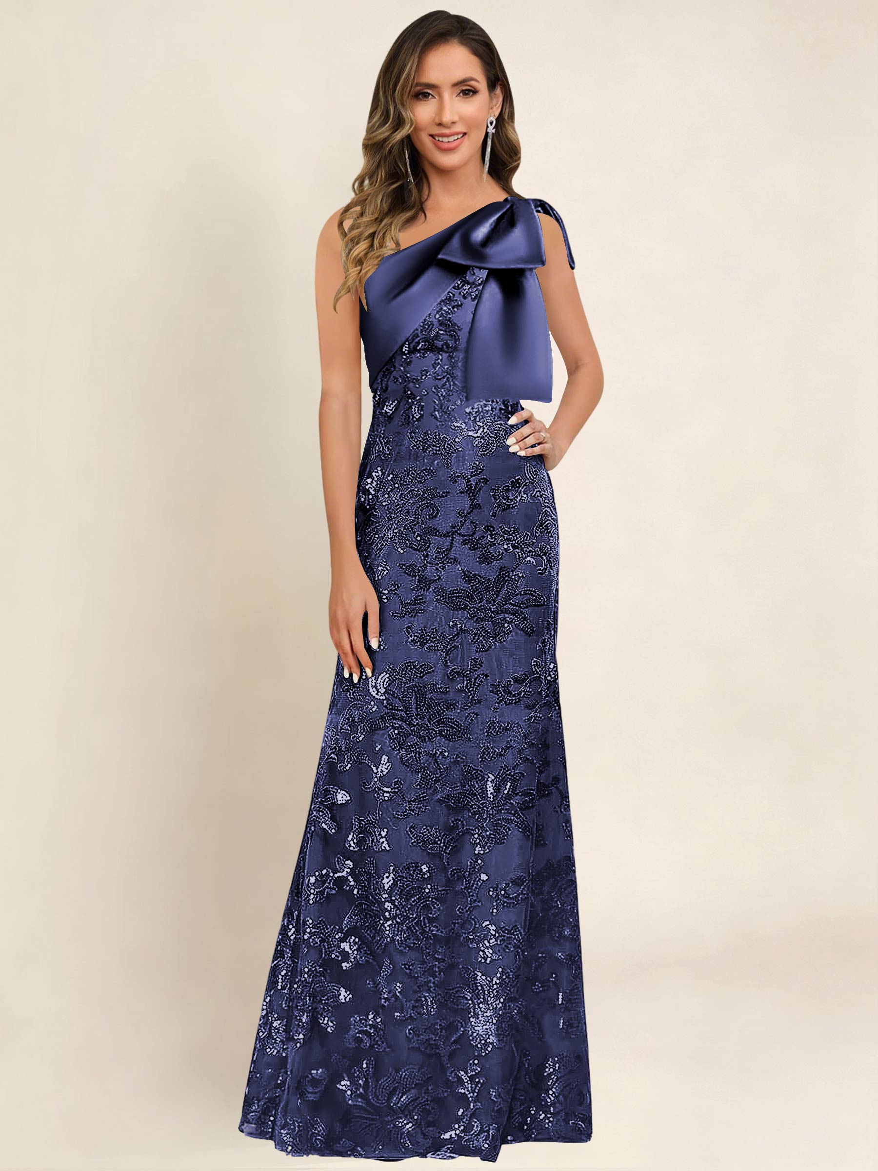 ROVDESY One Shoulder Sequin Mermaid Long Mother Of The Bride Dress Formal Gown With Bow
