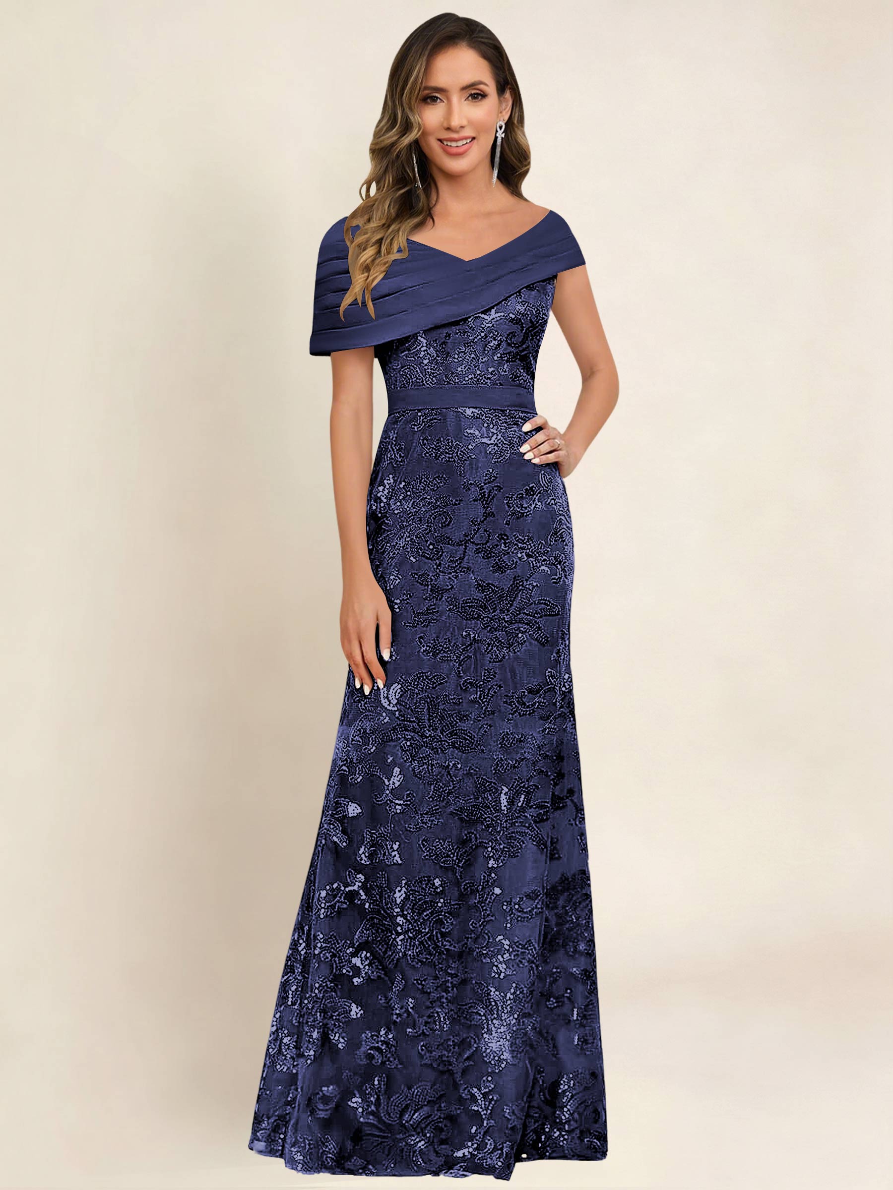 ROVDESY Off the Shoulder Sequin Mermaid Long Mother Of The Bride Dress Formal Gown