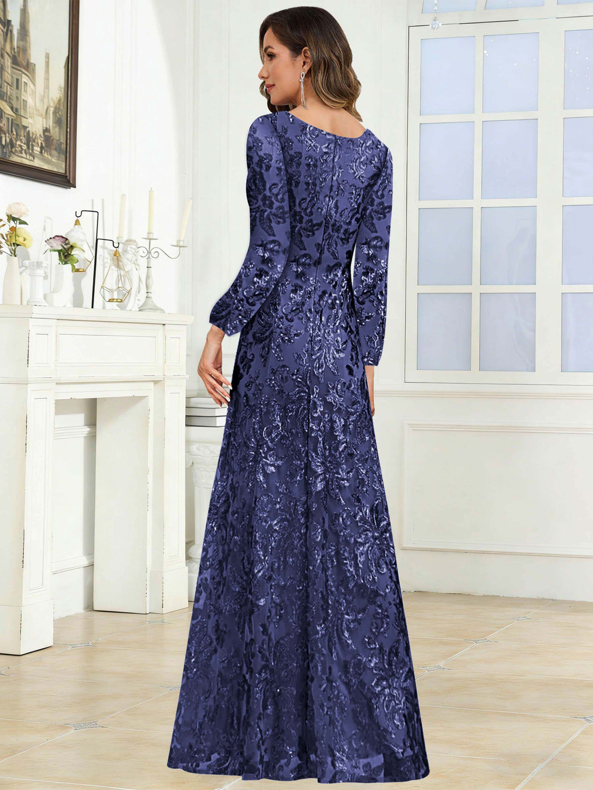 Crew Neck Sequin Lace Long Sleeve Mother of the Bride Dress