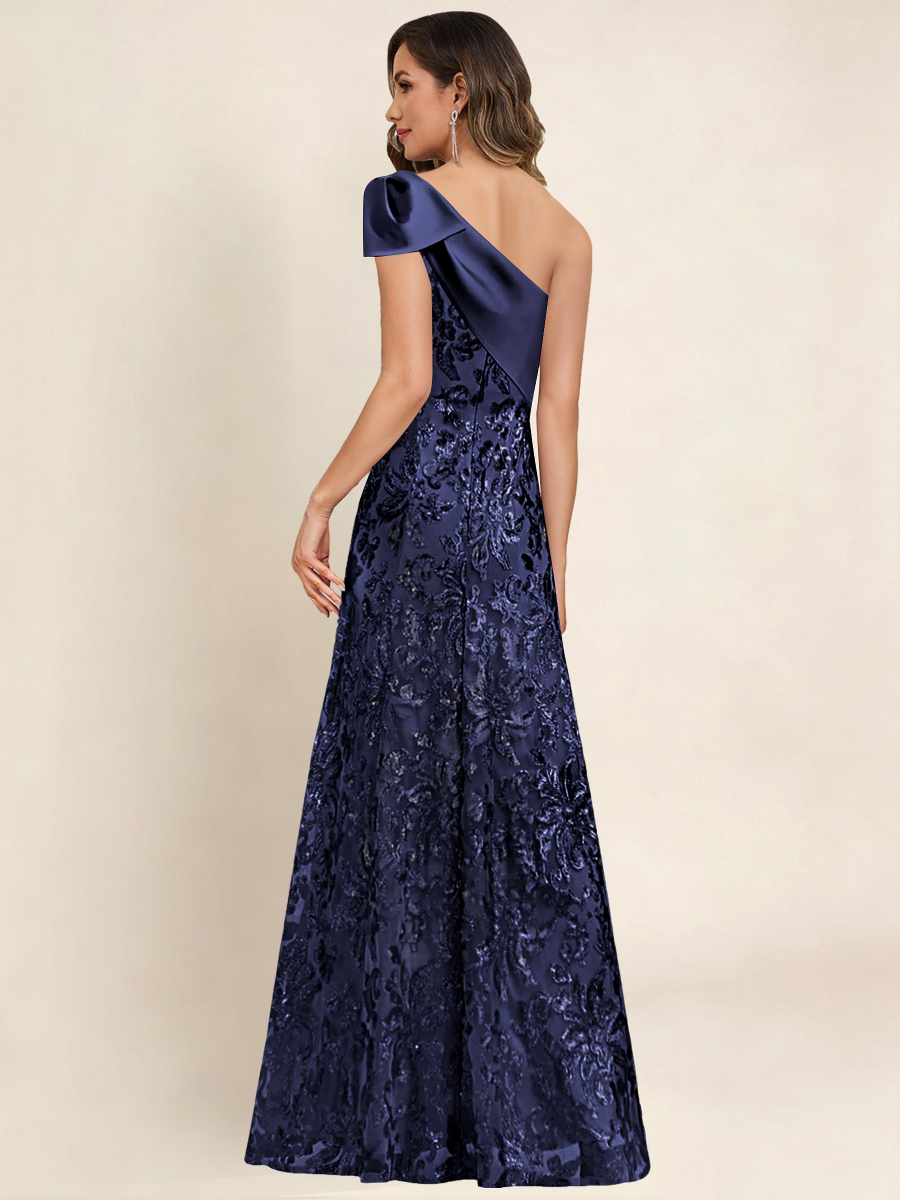 ROVDESY One Shoulder Sequin Mermaid Long Mother Of The Bride Dress Formal Gown With Bow