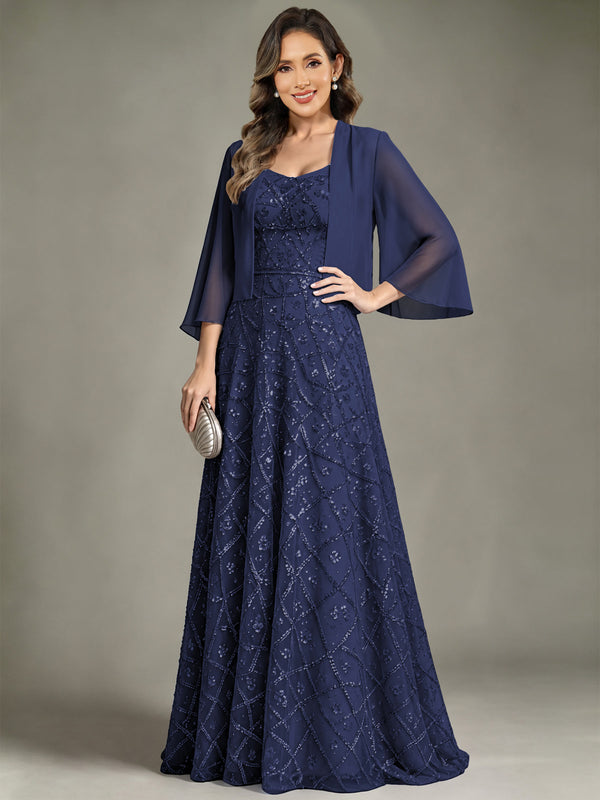 2 Pieces Sequin Long Mother of The Bride Dress with Jacket