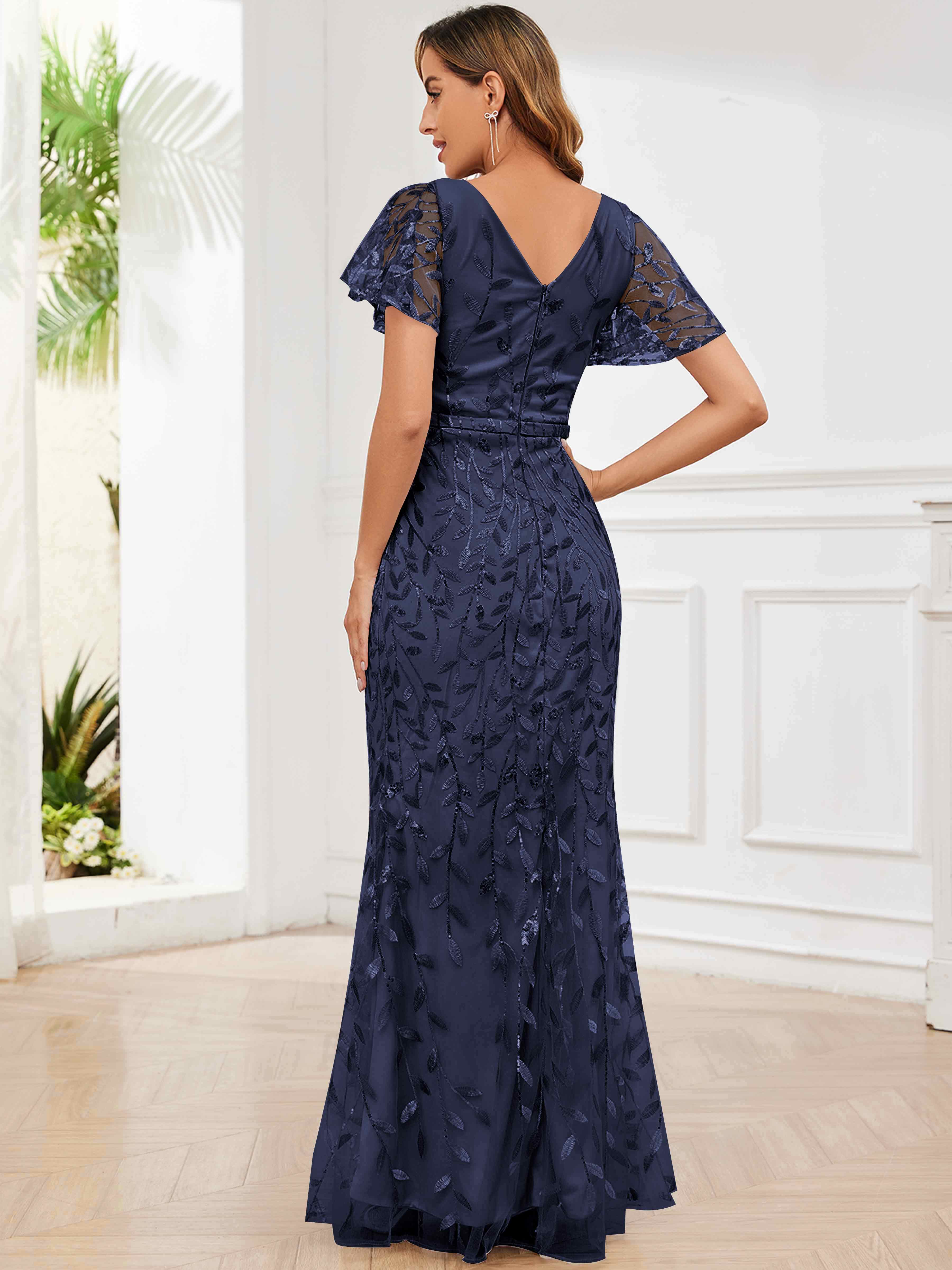 ROVDESY V-Neck Mermaid Sequin Mother Of The Bride Dress With Short Sleeves