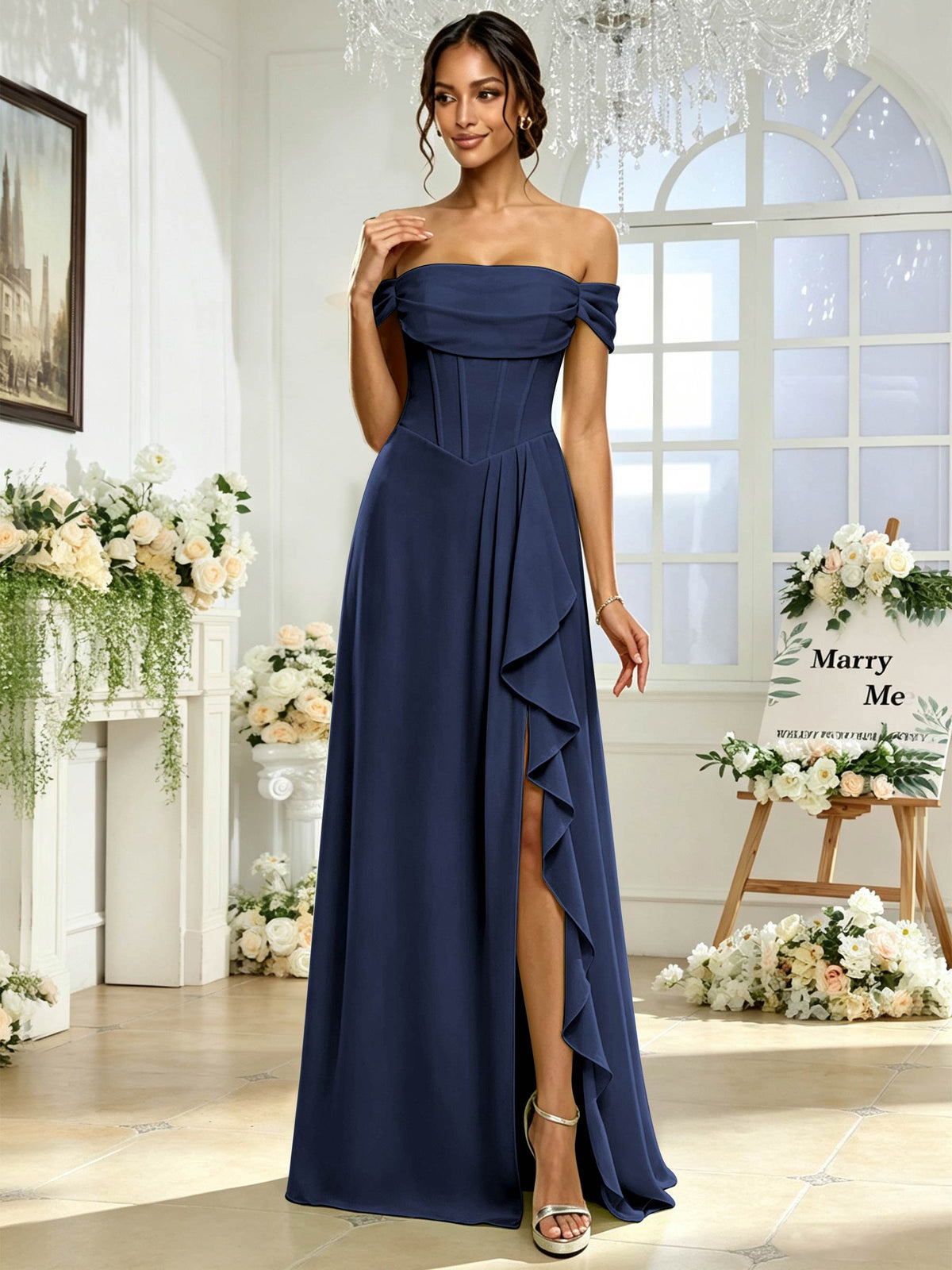 Off the Shoulder Chiffon A Line Long Bridesmaid Dress with Slit