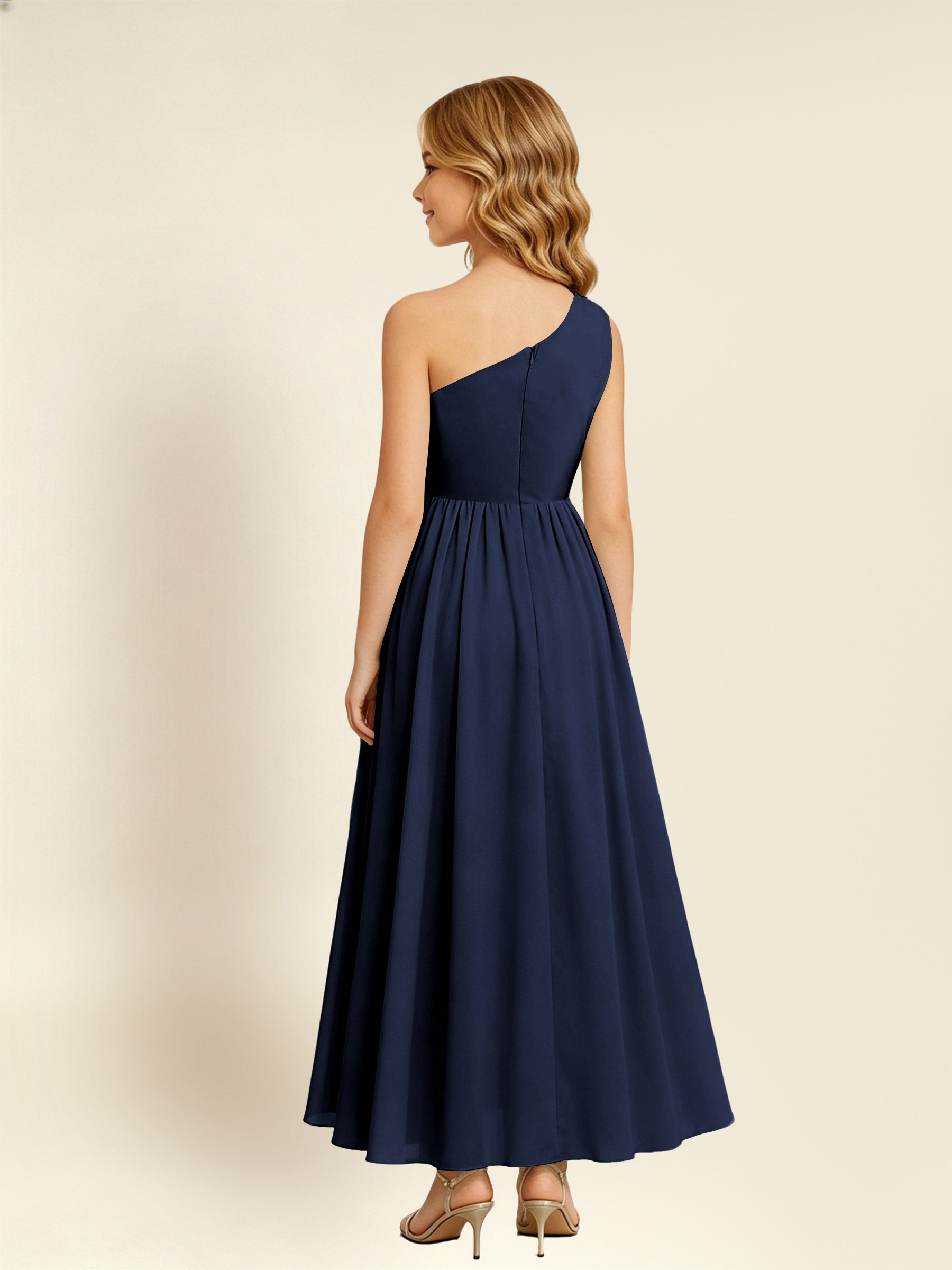 ROVDESY One Shoulder Twist Waist Chiffon Junior Bridesmaid Maxi Dress