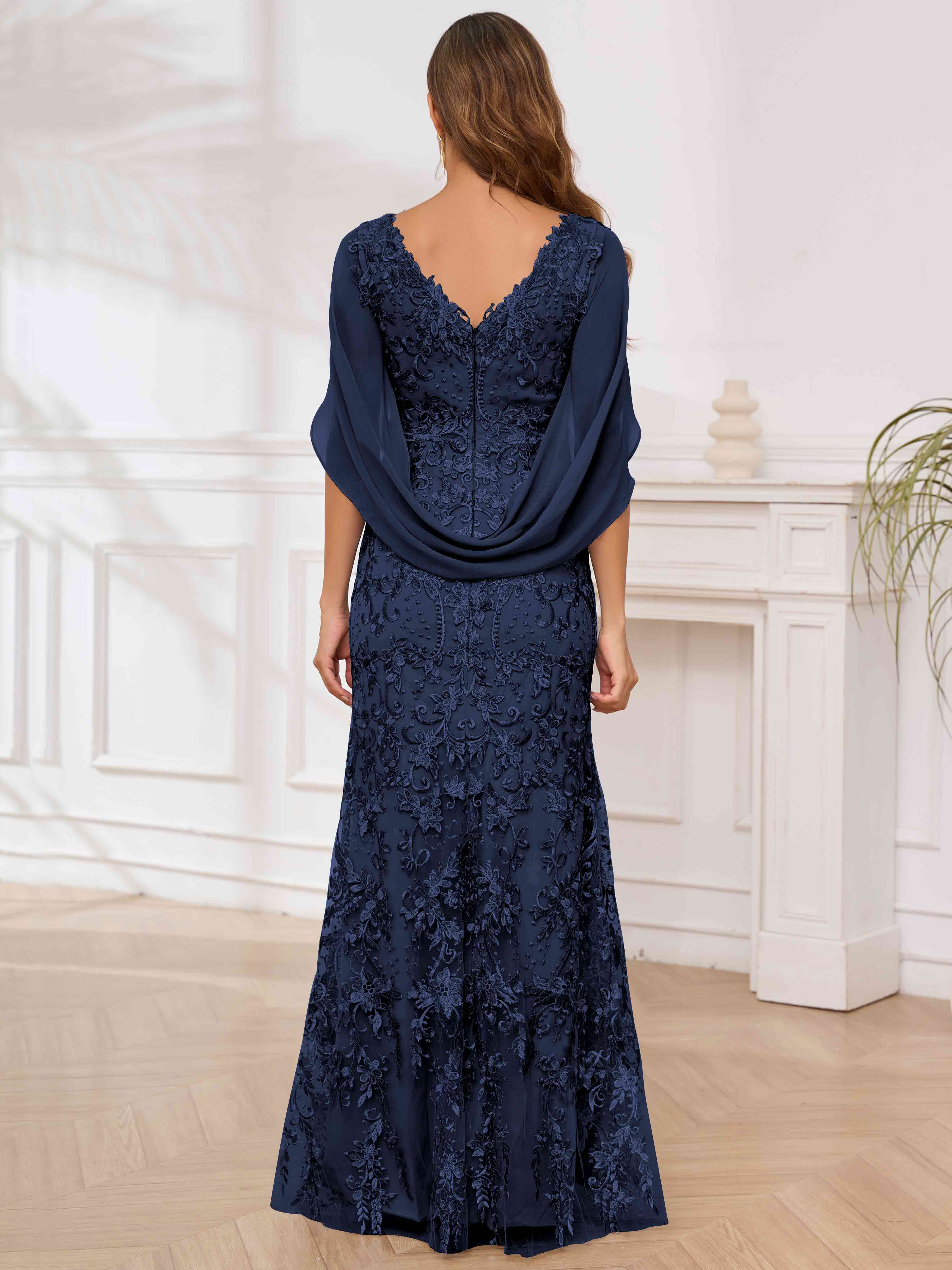 ROVDESY V-Neck Lace Mermaid Mother Of The Bride Dress With Cape Sleeves Long Formal Gown