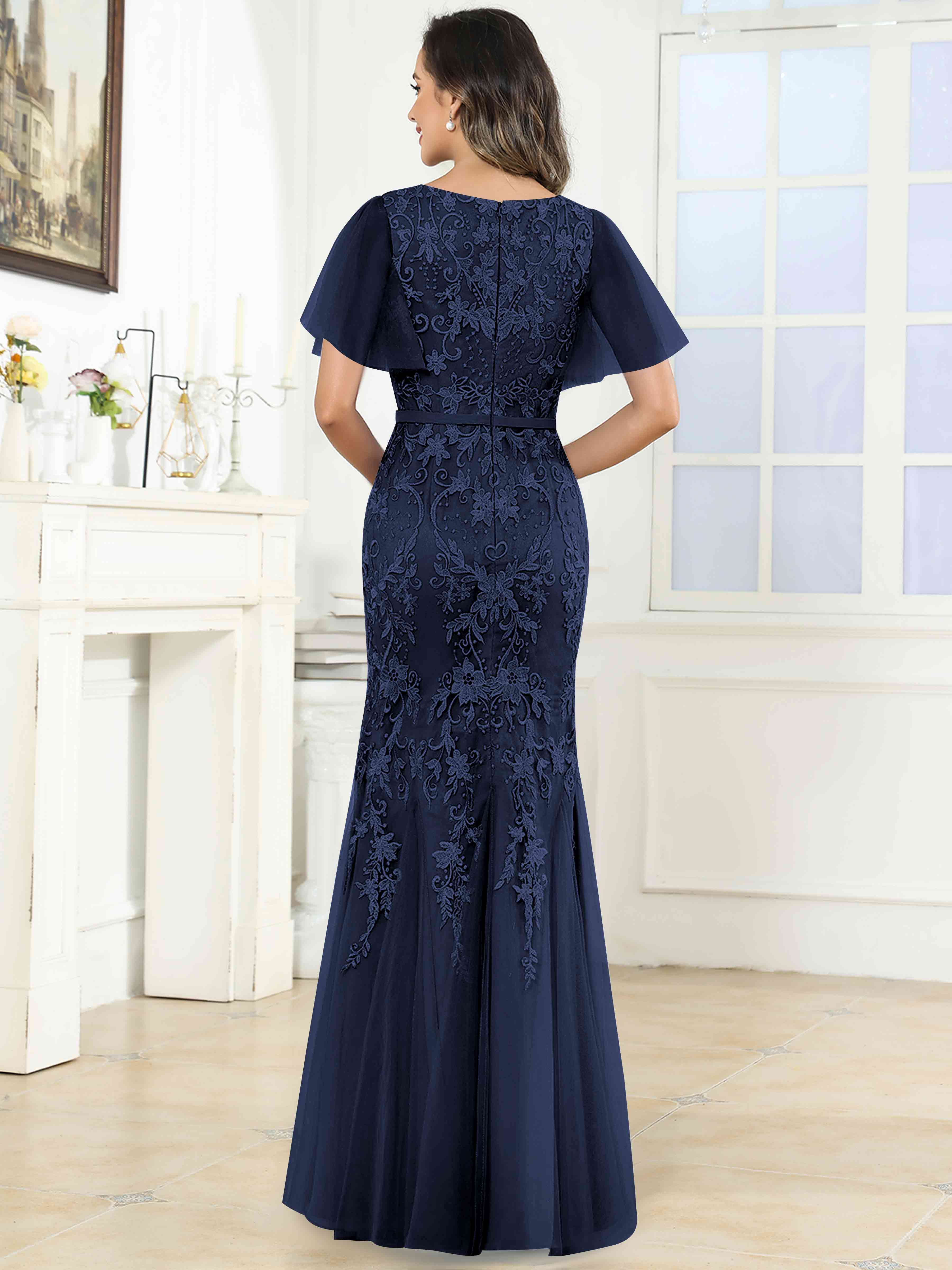 ROVDESY Elegant V-Neck Lace Mermaid Long Mother Of The Bride Dress Formal Gown With Sleeves