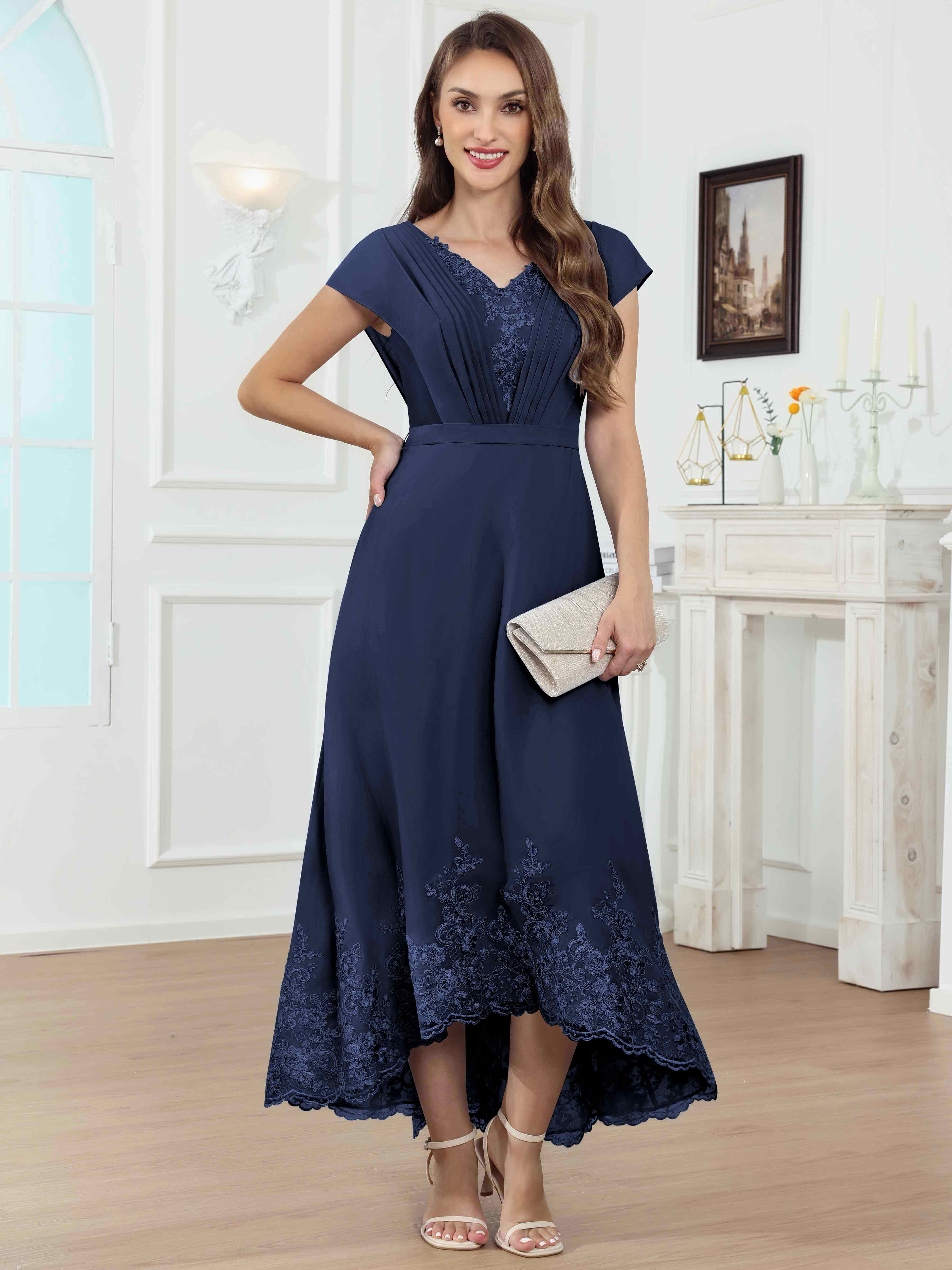 ROVDESY Tea Length High-Low V-Neck Ruched Lace Chiffon Mother of The Bride Dress for Women